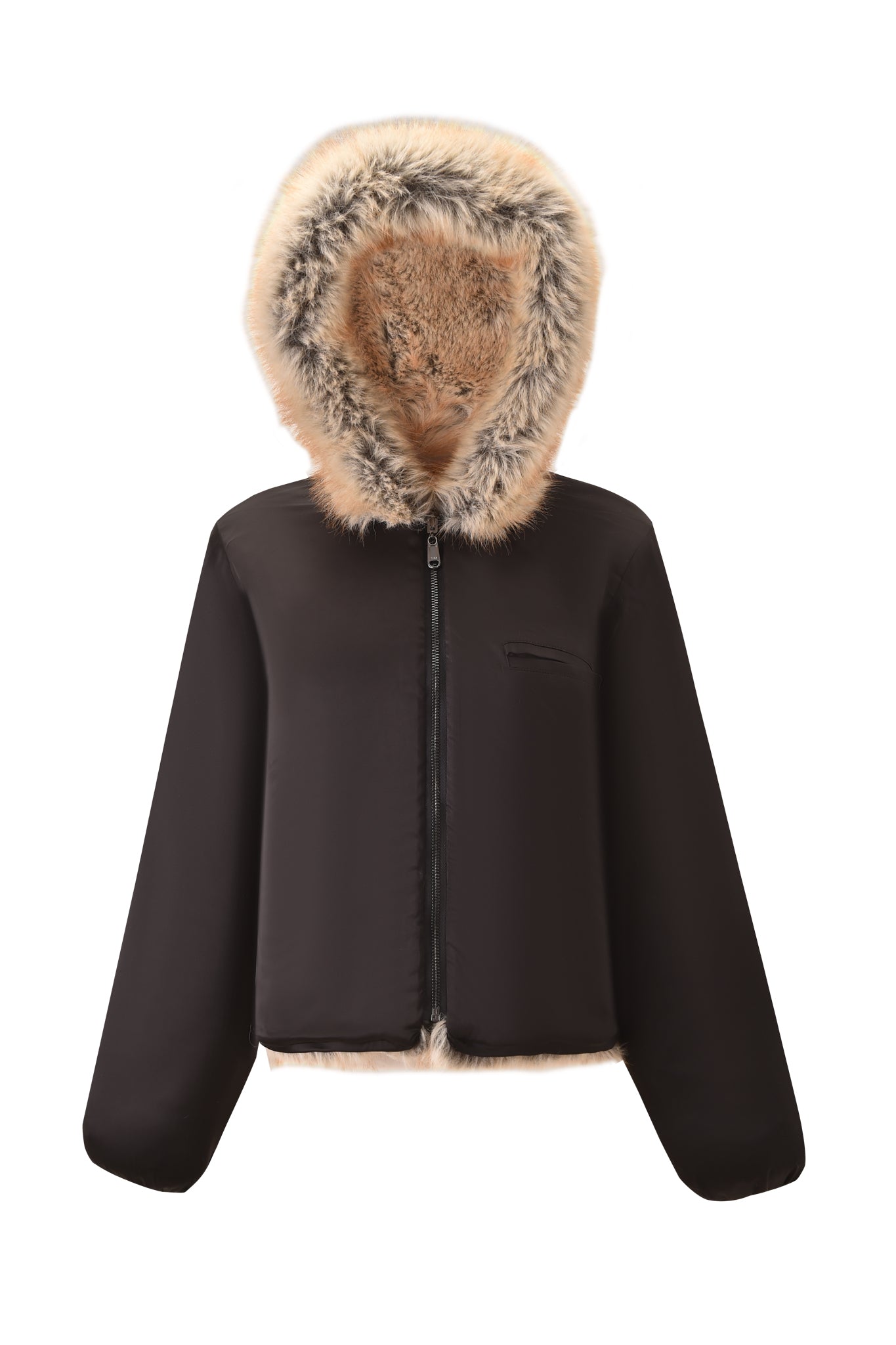 The EVEREST REVERSIBLE JACKET - BROWN by I.AM.GIA features a front zipper and light brown faux fur trim on the oversized hood and lining, shown on a white background.
