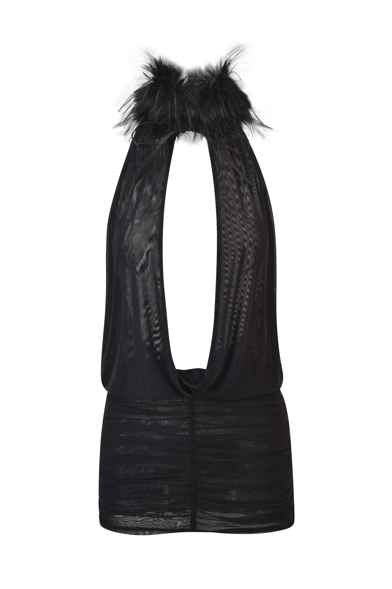 The I.AM.GIA YARA MINI DRESS in black features a halter neckline, sheer mesh fabric, and a stylish faux fur collar trim.