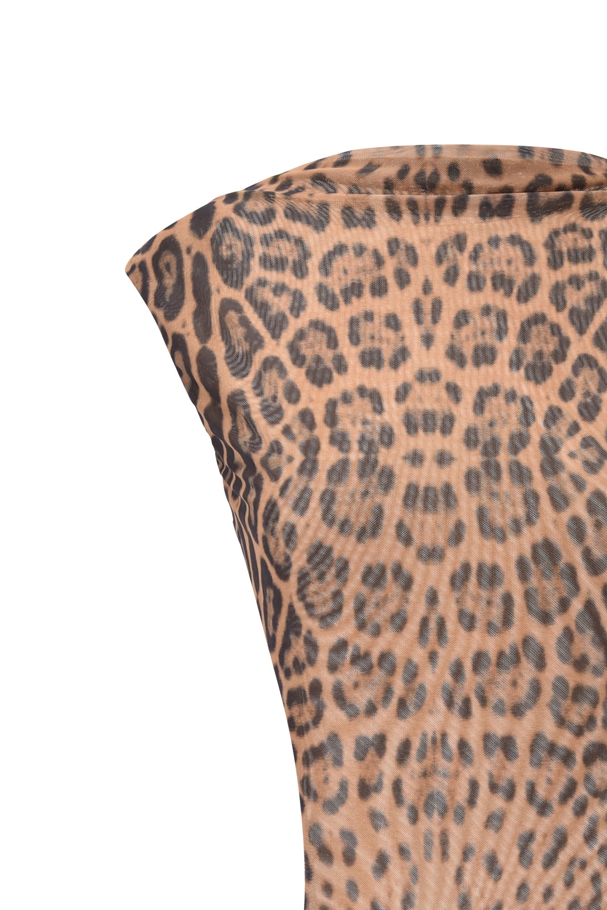Close-up of the I.AM.GIA CORALINE MINI DRESS - PANTHERA, a mesh bodycon dress showcasing a brown and black panthera print on a light tan background, displayed against a plain white backdrop.