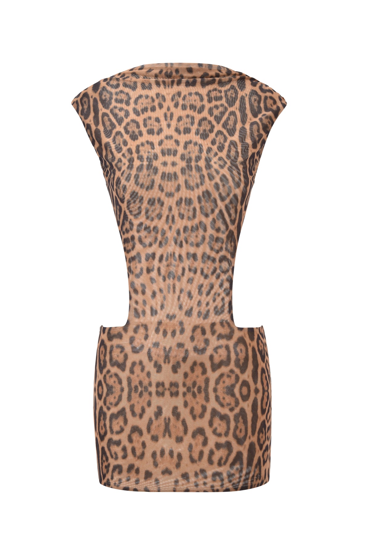 The I.AM.GIA CORALINE MINI DRESS - PANTHERA is a sleeveless, form-fitting mesh bodycon dress featuring a cutout waist and a striking brown and black leopard print, shown against a plain white background.