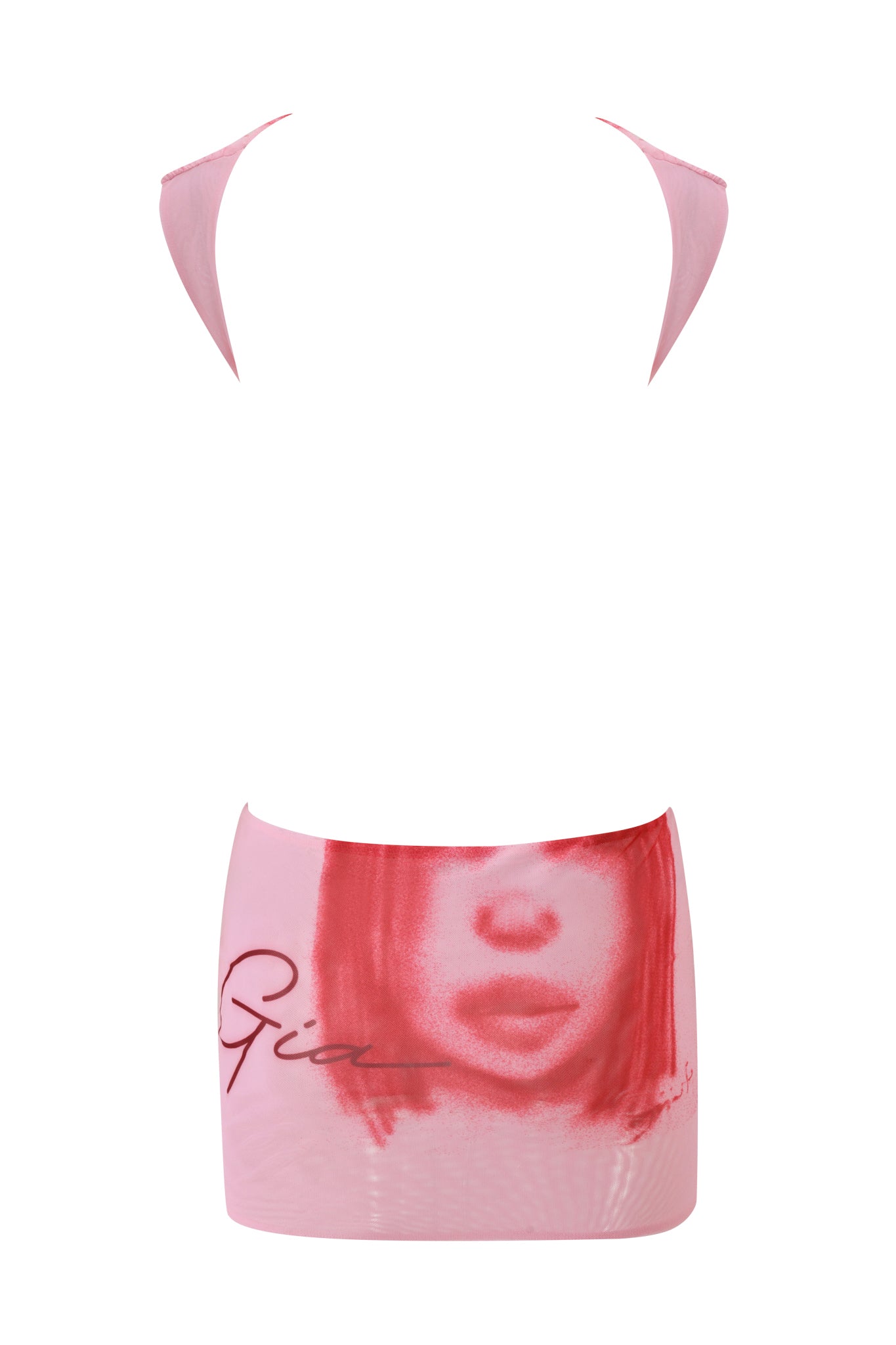 Turn heads in the T-REX CORALINE MINI DRESS - PINK by I.AM.GIA, a halter-style micro mini dress adorned with a striking red-toned graphic of a woman’s face and the signature I.AM.GIA logo, featuring “Gia” in elegant cursive on the skirt—an unforgettable festival look that makes you stand out.