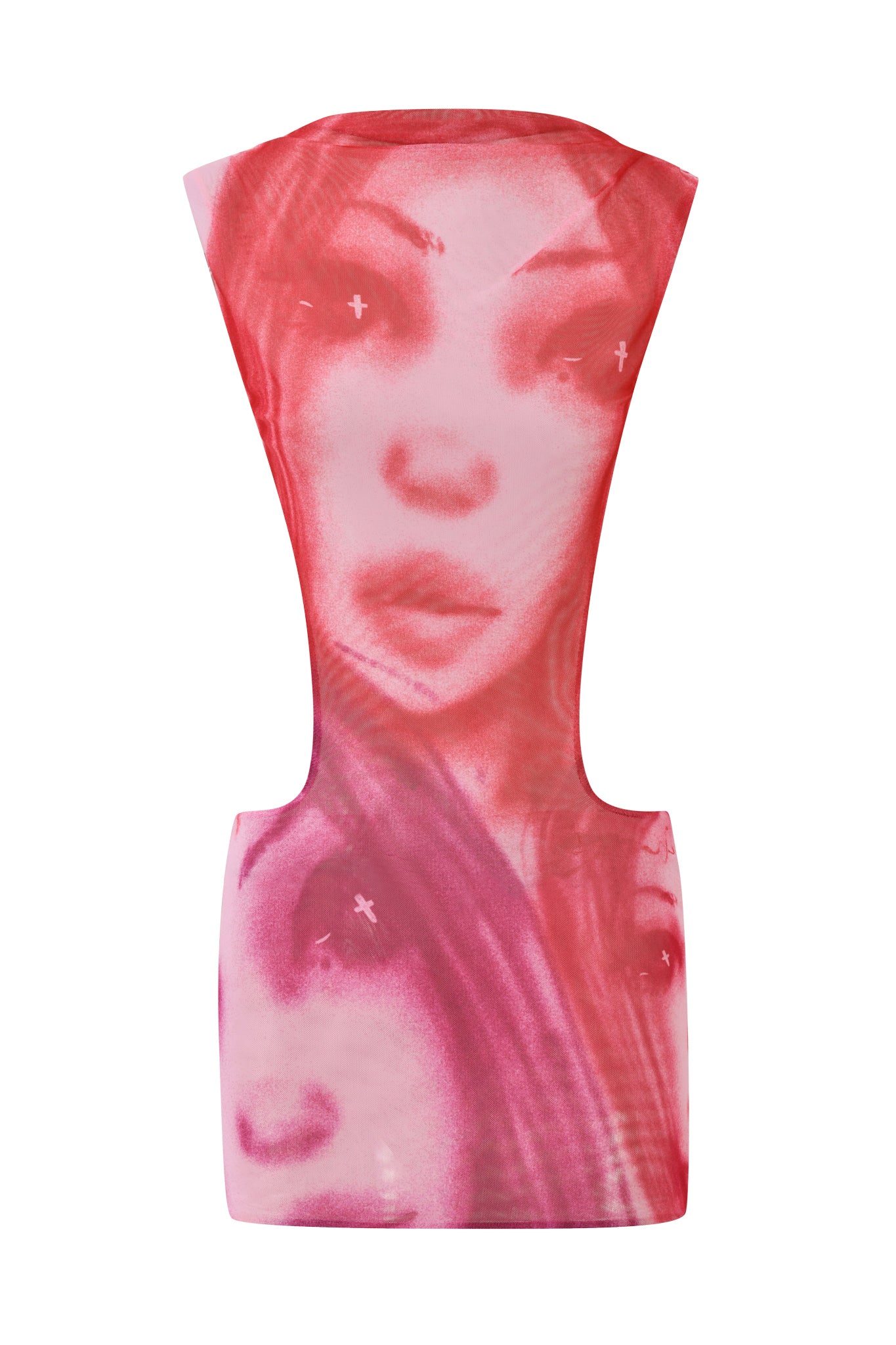 Make a statement in the T-REX CORALINE MINI DRESS by I.AM.GIA—a sleeveless pink and red mini dress with a cut-out back, starring an abstract airbrushed image of a woman’s face with expressive eyes and lips, plus subtle cross symbols near the eyes. Wear it solo as your unique festival dress or style it with your favorite bold pink pieces for an iconic I.AM.GIA print look.