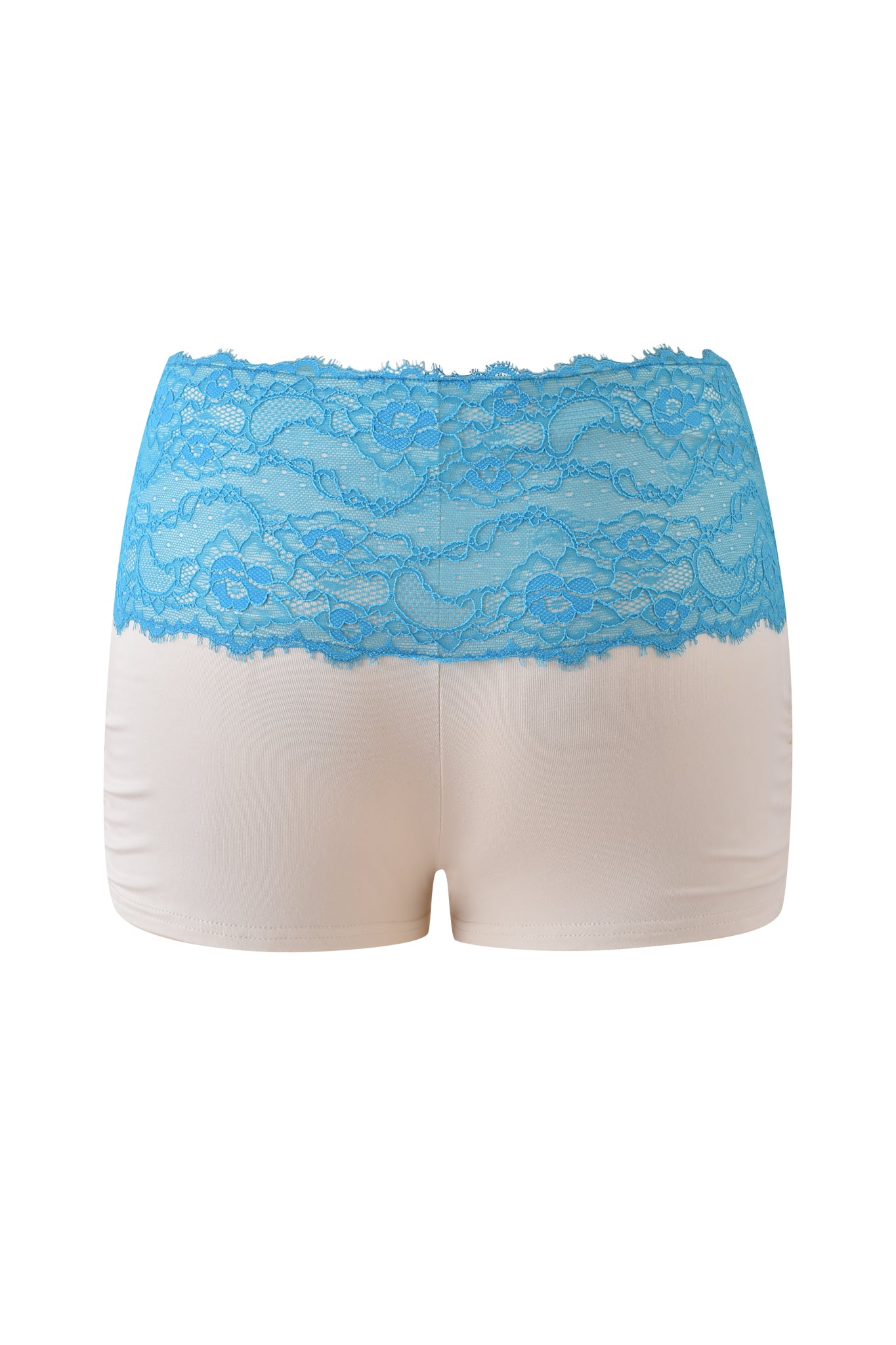 The ADELLA SHORT - BLUE by I.AM.GIA features a beige body with a blue lace waistband and upper section. Seen from the back against a white background, these women's micro mini shorts offer a chic and stylish look.