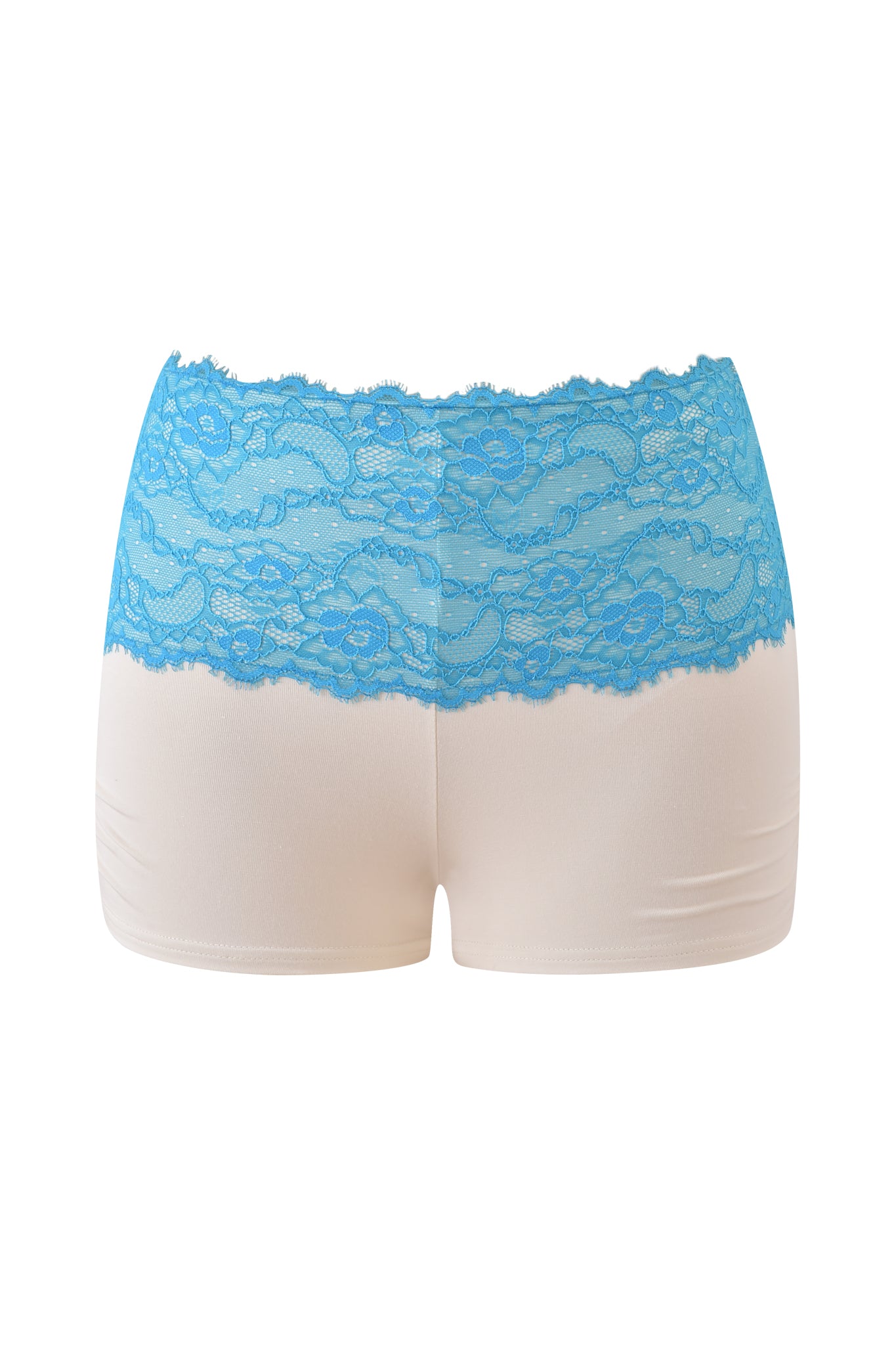 The ADELLA SHORT - BLUE by I.AM.GIA features a cream body with a wide, vibrant blue lace waistband, shown here against a white background.