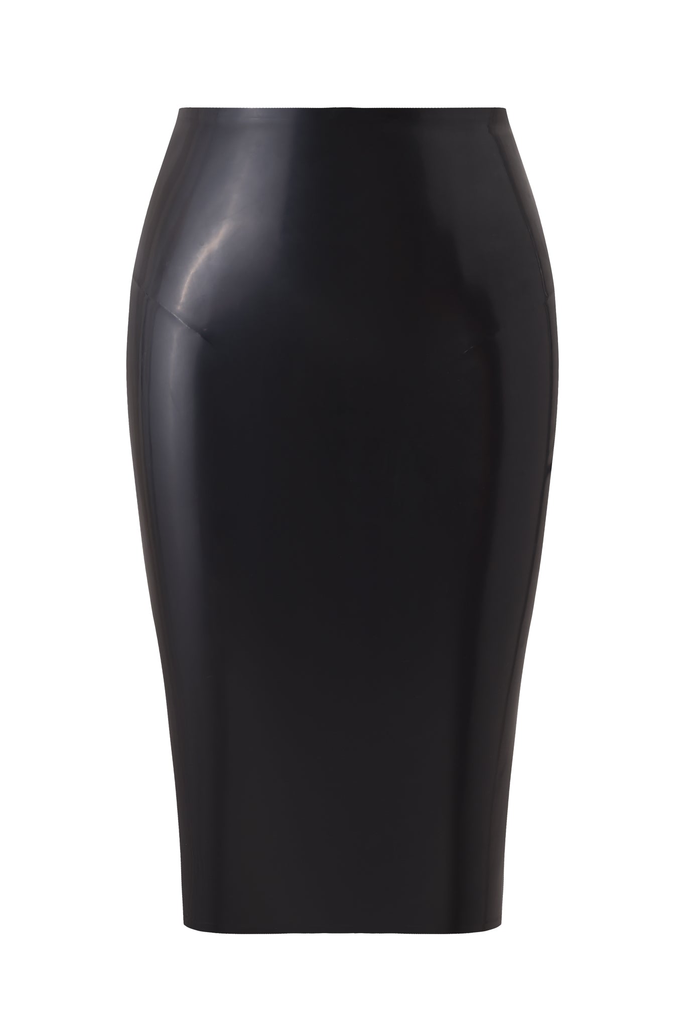 The BUFFY LATEX MIDI SKIRT - BLACK by I.AM.GIA is a high-waisted, form-fitting black skirt with a high gloss finish, shown on a plain white background.