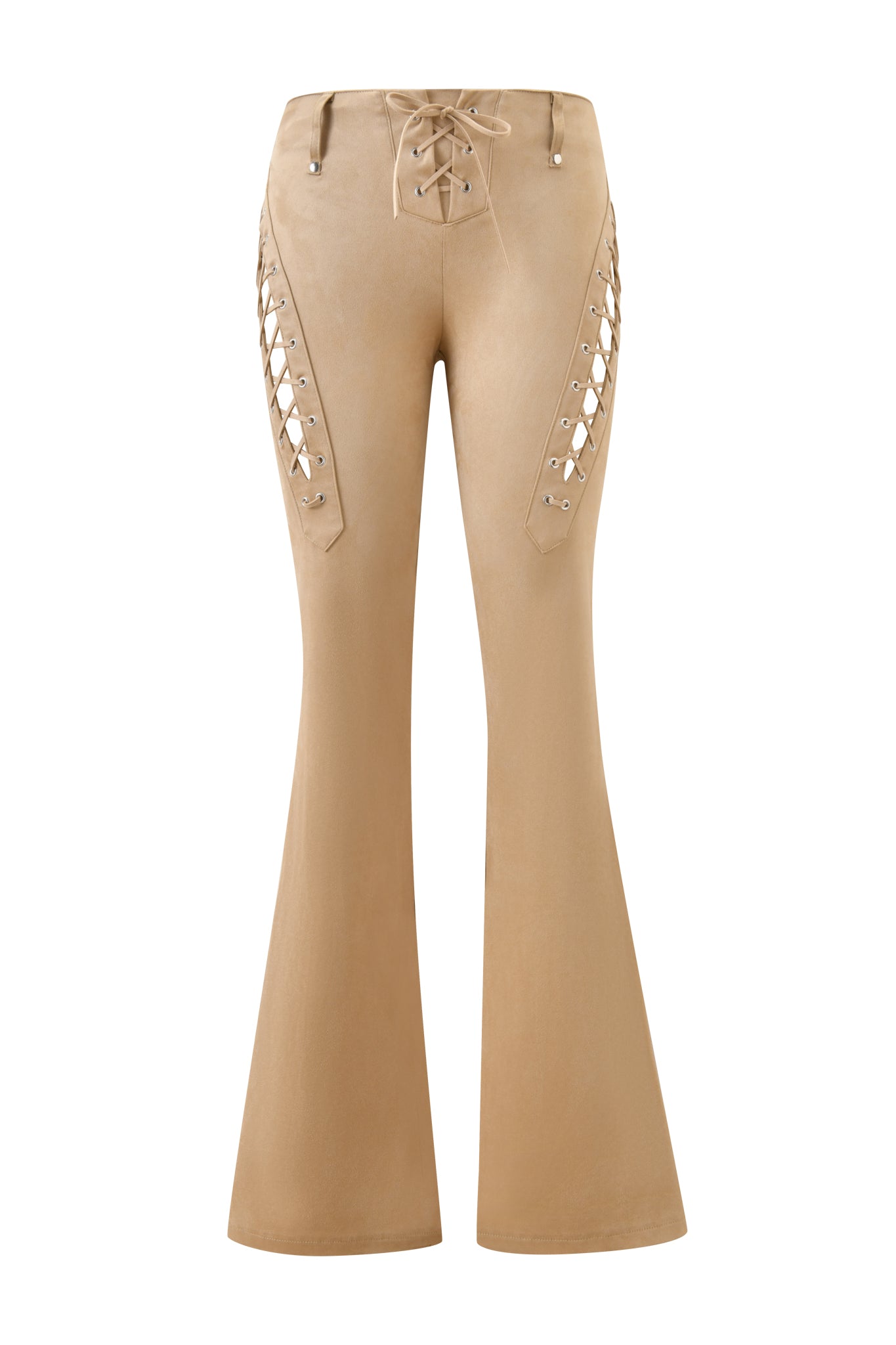 The I.AM.GIA XENIA SUEDE PANT - TAN is a high-waisted, faux suede pant with a flared leg, retro 1970s-inspired style, silver eyelets, and bold lace-up details at the front and sides.