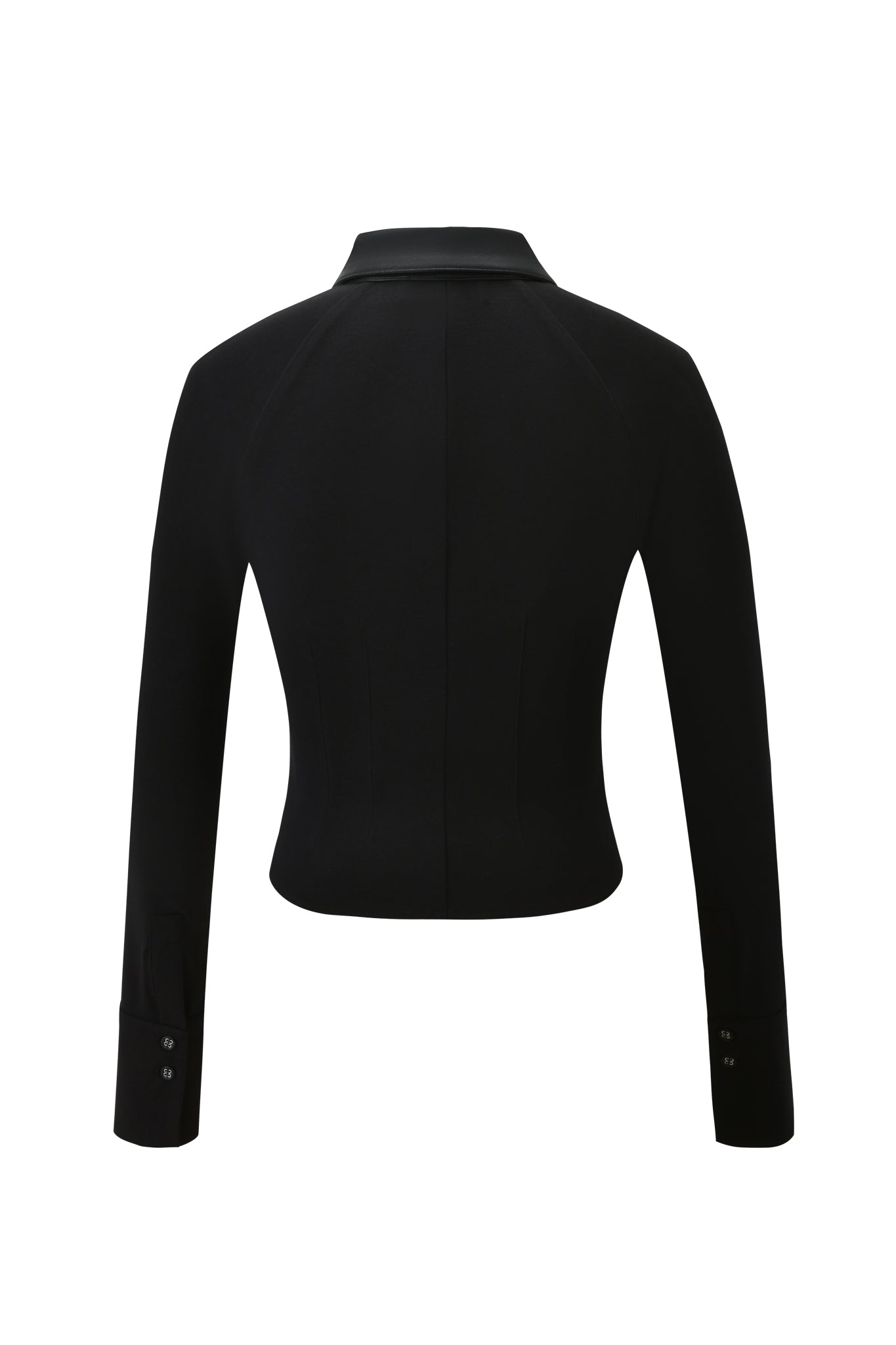 Back view of the HELIX TOP - BLACK by I.AM.GIA, a fitted black blazer-style top with long sleeves, cuff buttons, and a notched collar, featuring a bodycon fit and shown on a plain white background.