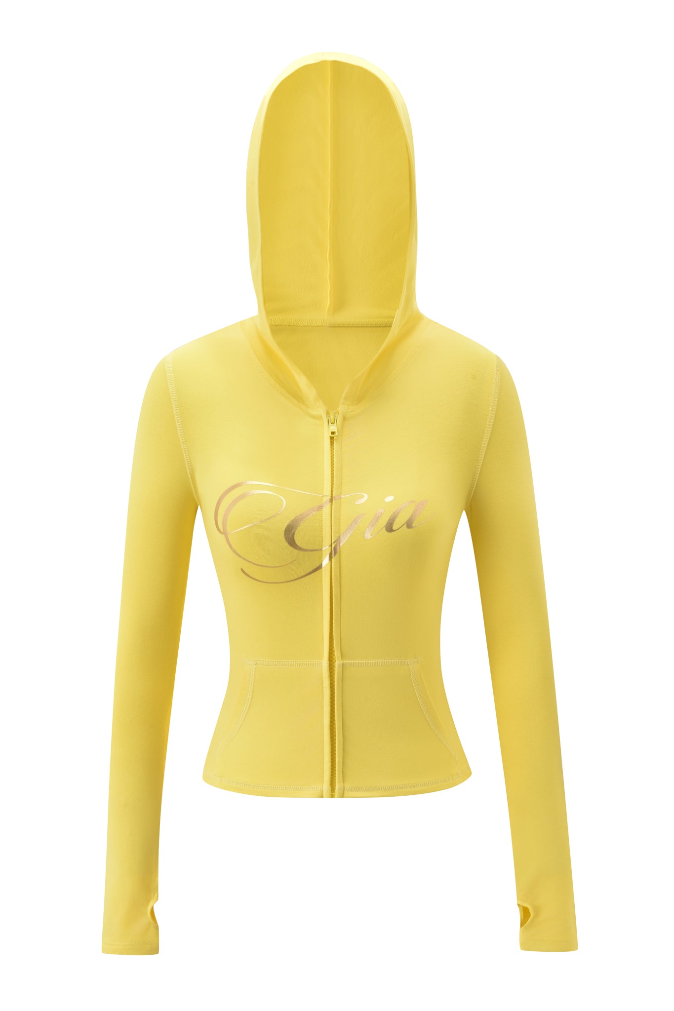 The BLARE FORM POCKET HOODIE by I.AM.GIA features a yellow gold foil finish, long sleeves, a bodycon fit with a fitted waist, and "Gia" in cursive on the chest. Displayed on a white background.