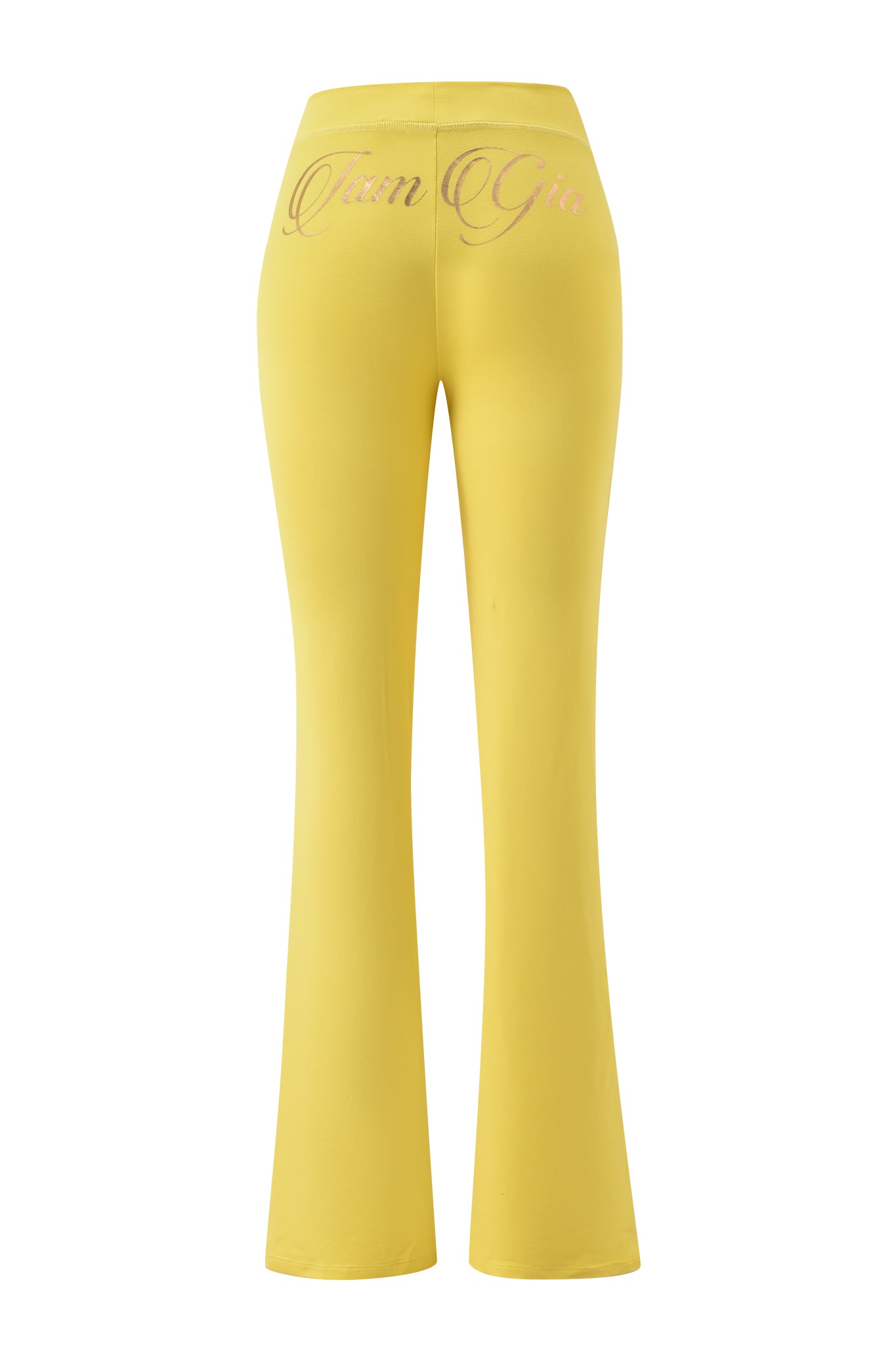 Yellow high-waisted BLARE FORM POCKET TRACKPANT by I.AM.GIA, featuring flared legs, sculpted fabric, and "I.AM.GIA" in cursive across the waistband.