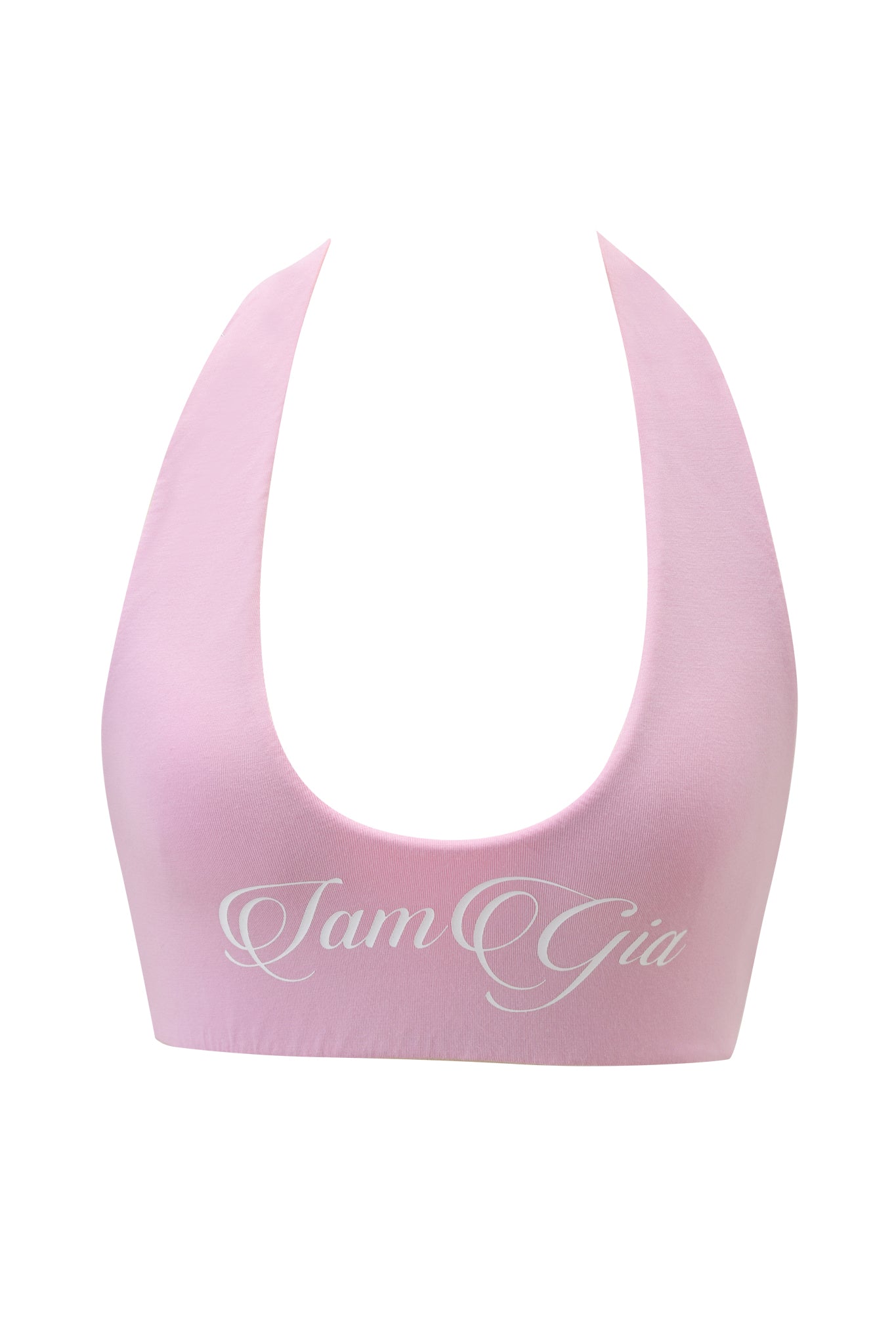 The I.AM.GIA BLARE HALTER CROP TOP in baby pink and white features a sporty design and bold white text.