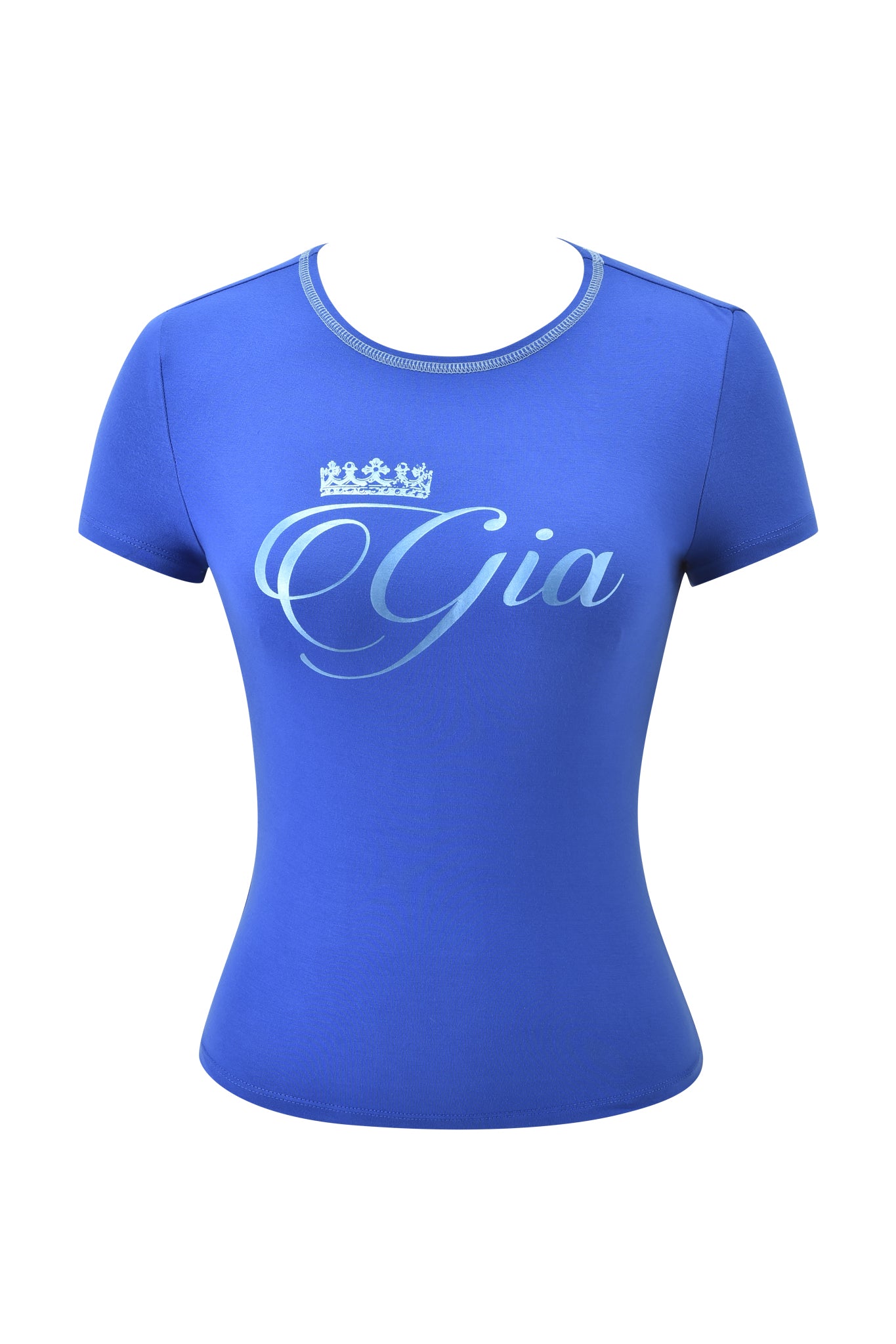 The I.AM.GIA BLARE FORM TEE - COBALT FOIL is a cobalt blue fitted women's t-shirt with short sleeves, featuring "Gia" in cursive and a crown graphic on the front.