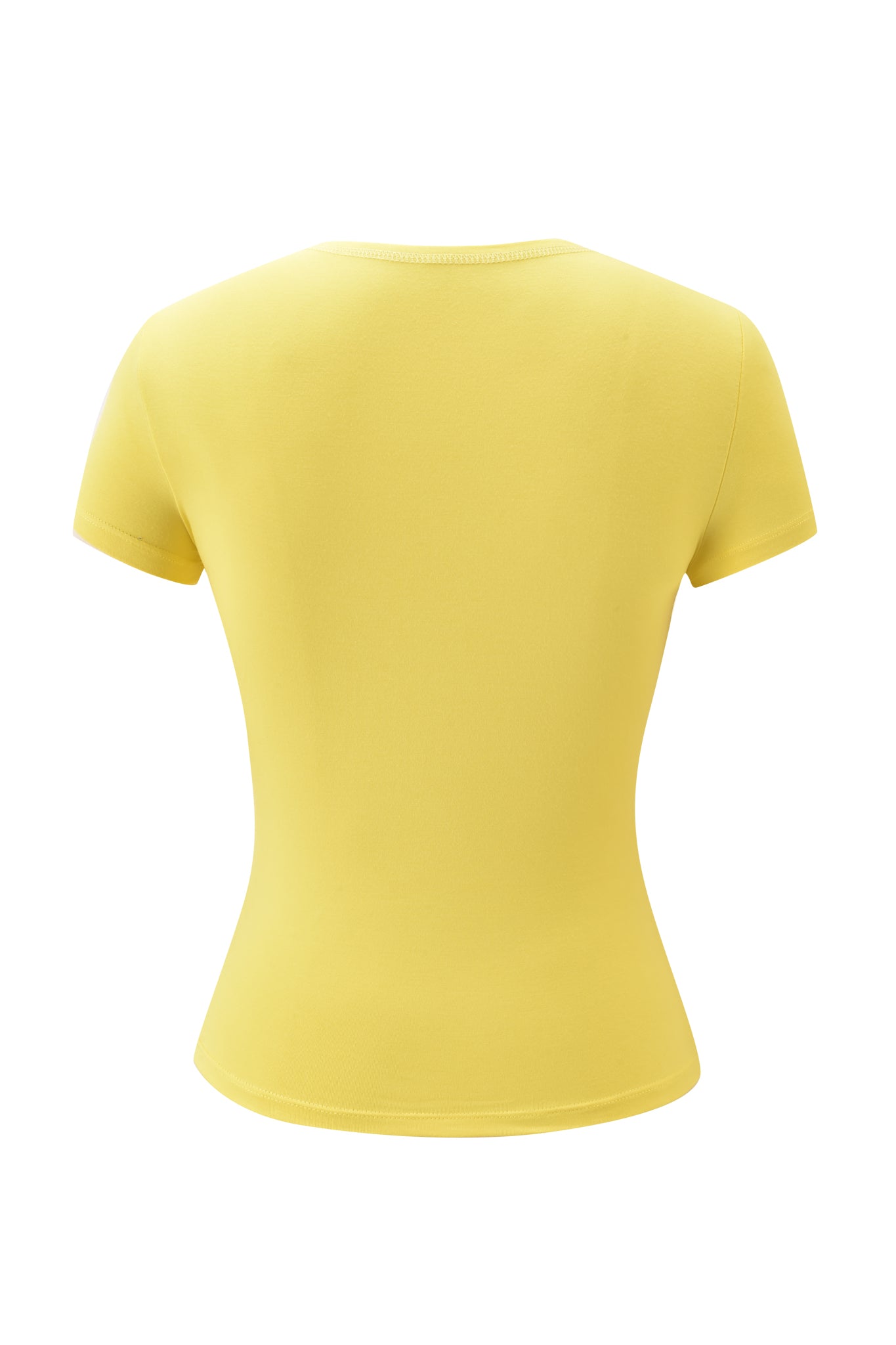 Back view of the I.AM.GIA BLARE FORM TEE - YELLOW GOLD FOIL, a yellow bodycon baby tee with short sleeves made from soft fabric, shown against a white background.