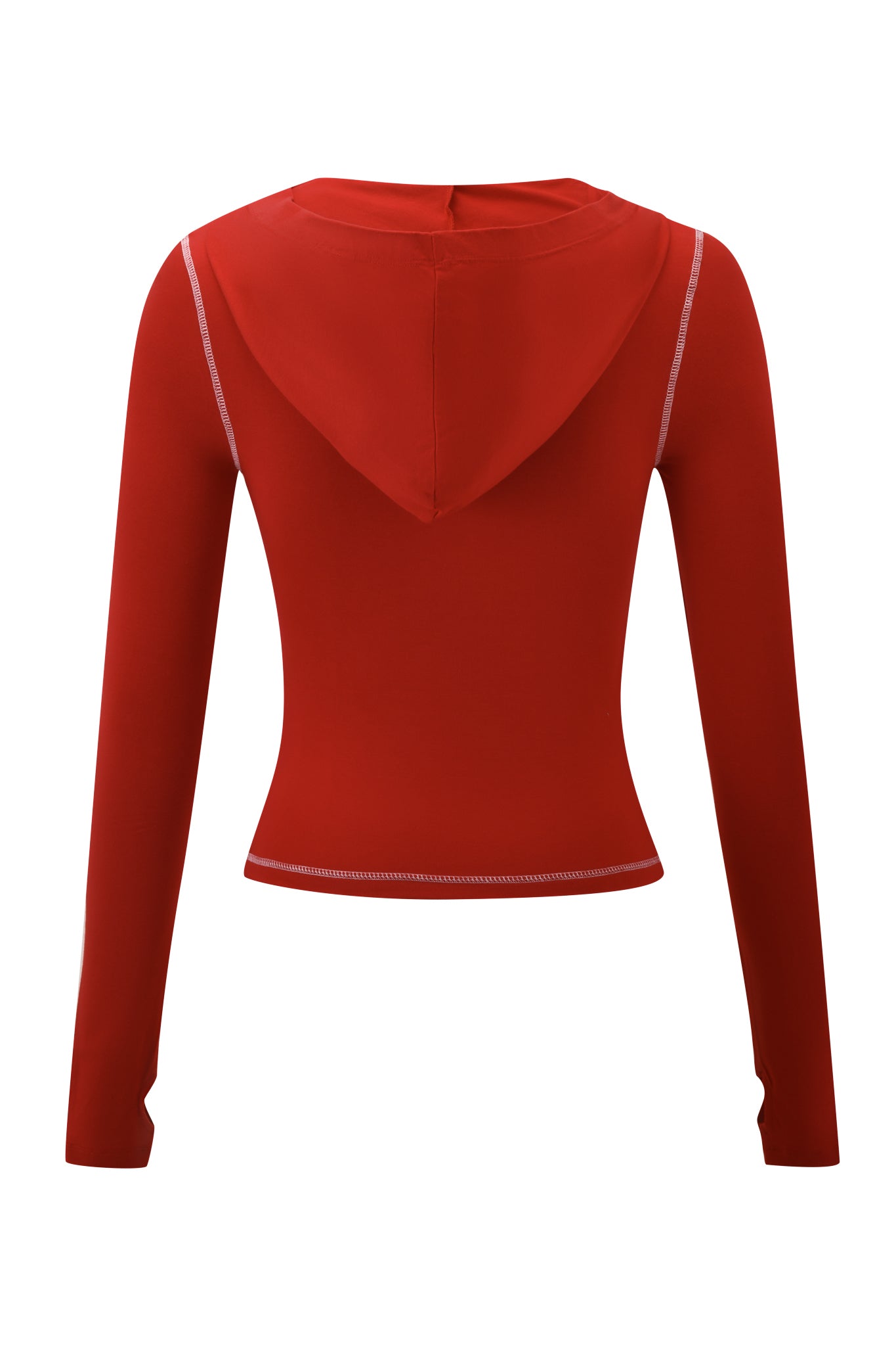Back view of the I.AM.GIA BLARE PANELLED HOODIE in red, featuring white seam stitching and a cropped hem, displayed against a white background.