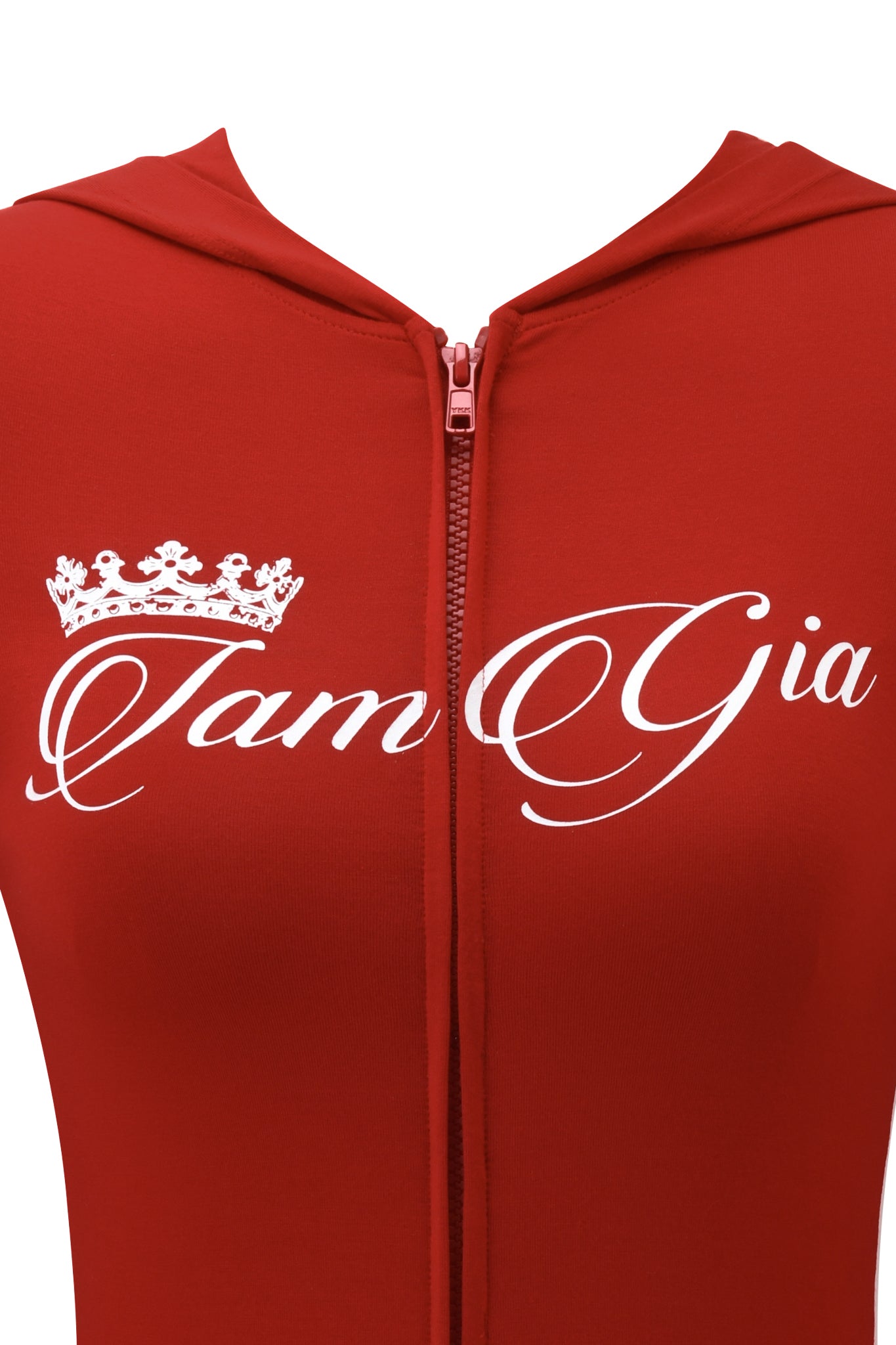 The I.AM.GIA BLARE PANELLED HOODIE in red is a sporty zip-up featuring white "I.AM.GIA" script and a crown graphic above the text.