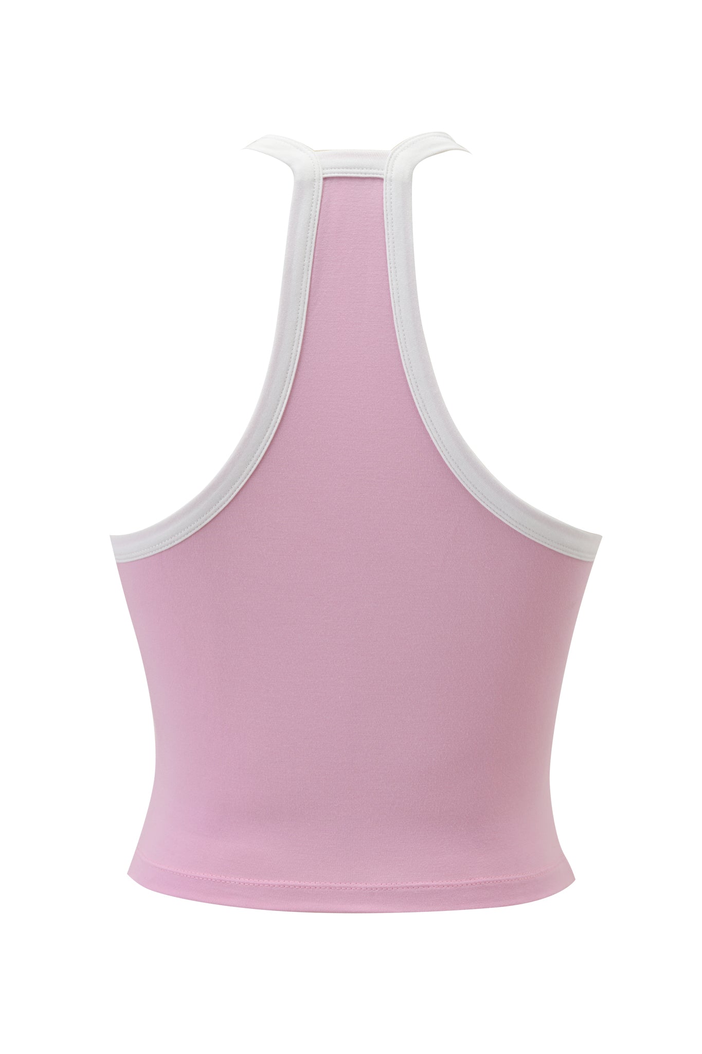 The I.AM.GIA BLARE V-NECK TANK in baby pink and white features a sporty racer back, white trim on the neckline and armholes, and is crafted from soft viscose. Shown from the back against a white background.