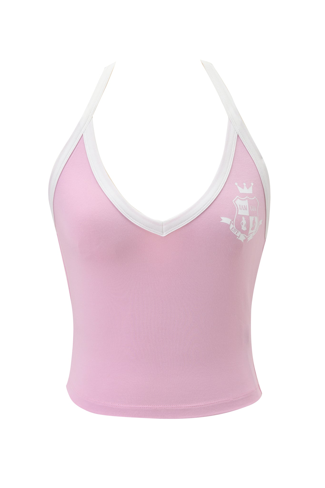 The I.AM.GIA BLARE V-NECK TANK in baby pink and white has a deep V-neckline, buttery-soft viscose fabric, white trim, and a small white crest with crown and text on the left chest.