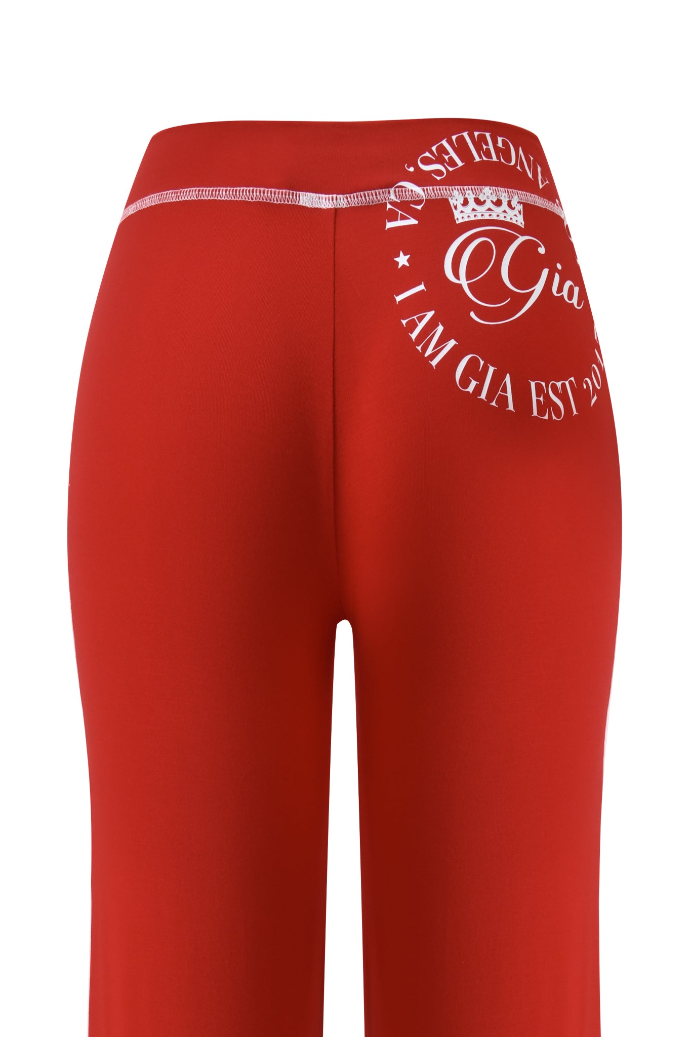 Back view of the BLARE PANELLED TRACKPANT - RED by I.AM.GIA, featuring a straight leg silhouette and a white “IAM GIA EST 2017” print with crown graphic on the upper right side.