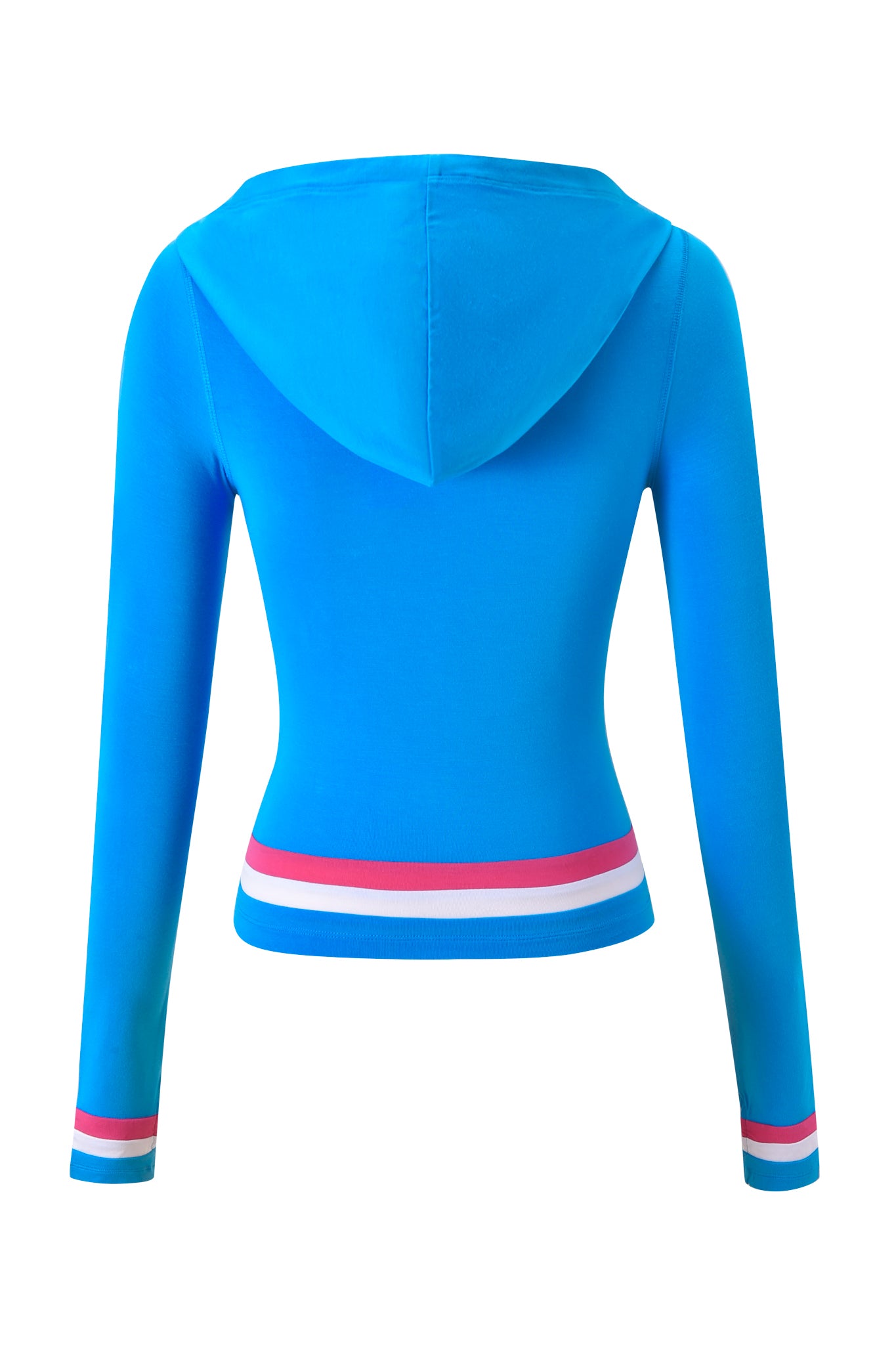The I.AM.GIA BLARE STRIPED HOODIE - SKY BLUE features bold pink and white stripes on the waist and cuffs, long sleeves, and is crafted from buttery-soft viscose for all-day comfort. Shown here from the back.