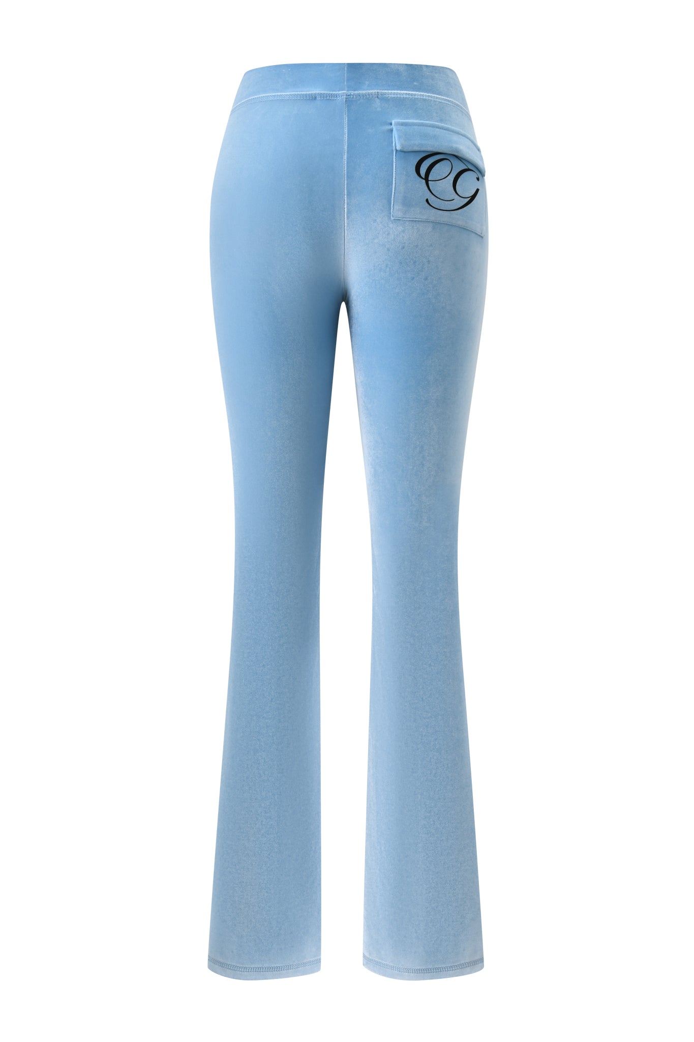 The I.AM.GIA BLARE VELOUR POCKET TRACKPANT in ice blue is shown from the back, showcasing a right-side back pocket with a black script logo.