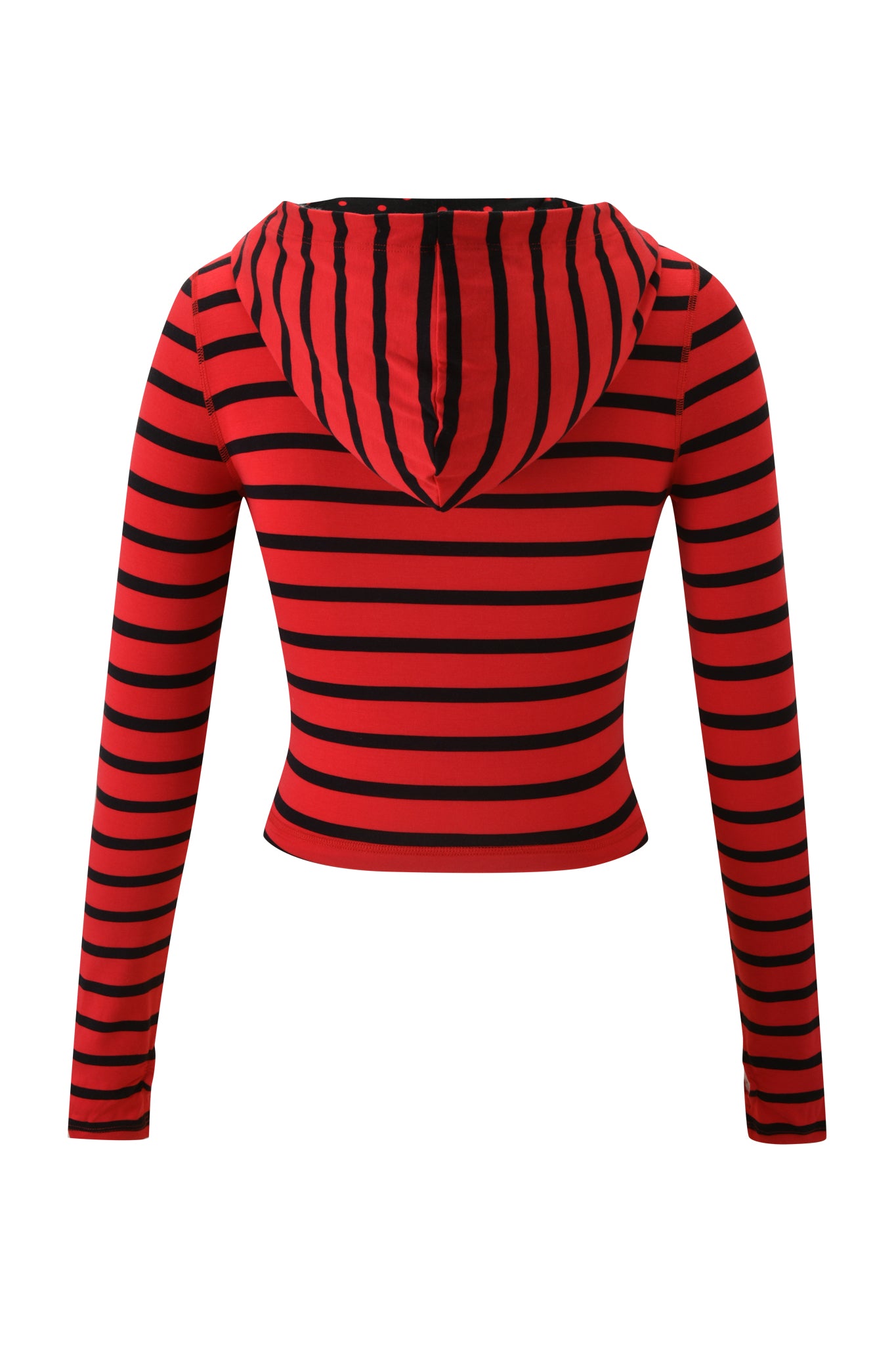 The I.AM.GIA BLARE HOODIE - RED AND BLACK STRIPE is a fitted, long-sleeve hoodie with black horizontal stripes, shown from the back, featuring a hood and made from soft viscose fabric.