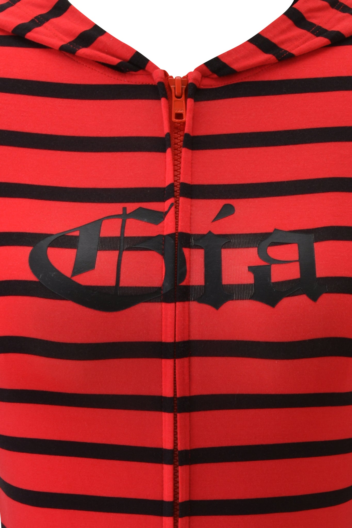 Close-up of the I.AM.GIA BLARE HOODIE - RED AND BLACK STRIPE, featuring soft viscose fabric, black horizontal stripes, a Gothic-style "Gia" chest print, and a front zipper.