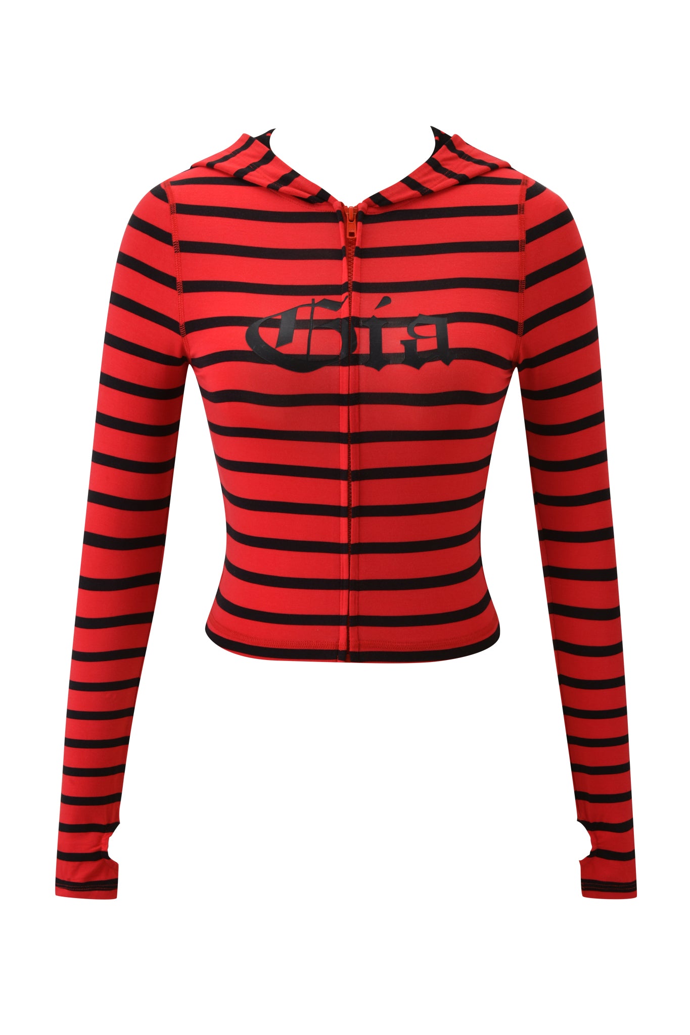 The I.AM.GIA BLARE HOODIE - RED AND BLACK STRIPE features long sleeves, a cropped fit, red and black stripes, a front zipper, bold chest lettering, and soft viscose fabric for comfort and style.