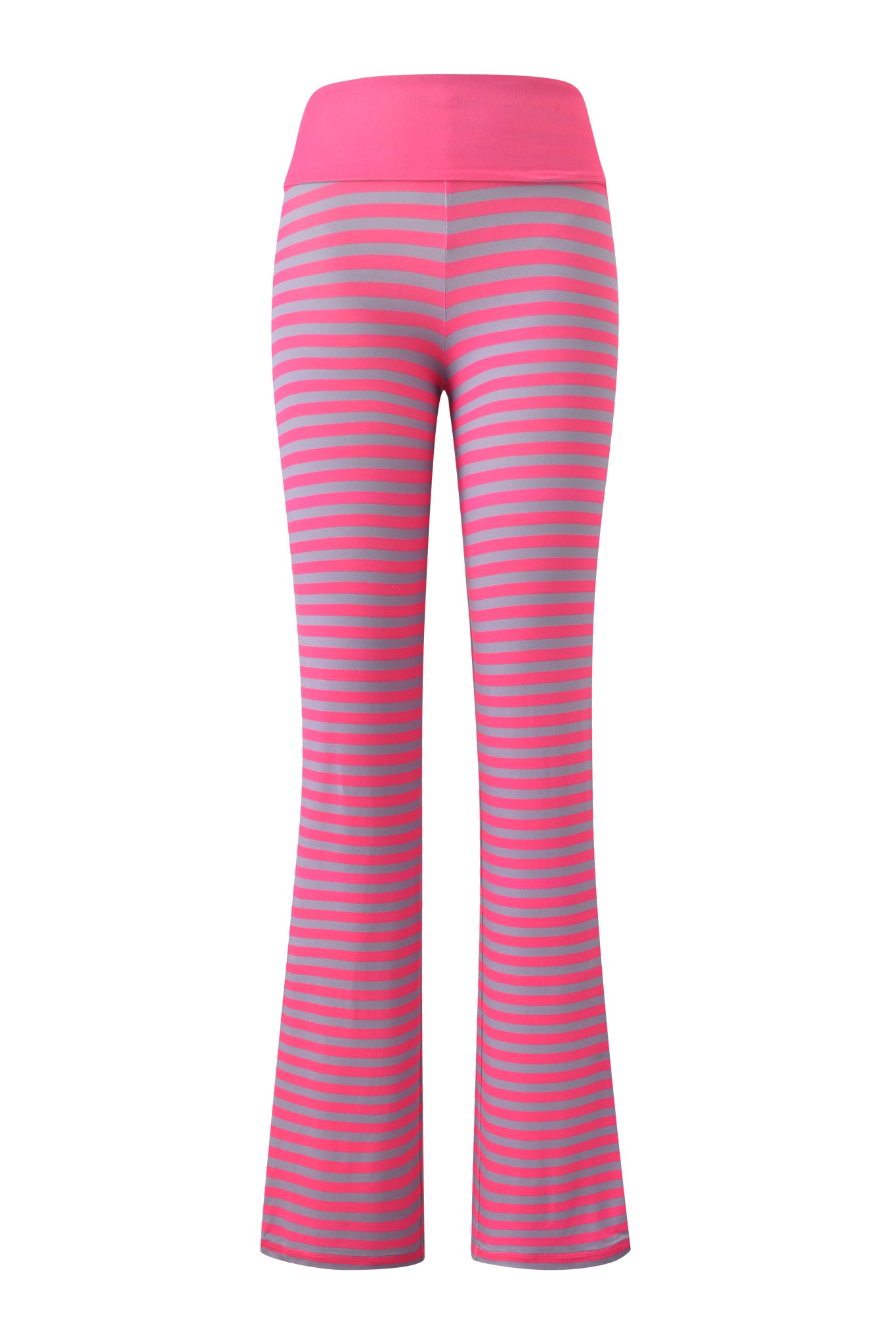 The I.AM.GIA BLARE FOLDOVER TRACKPANT - HOT PINK STRIPE features a flared leg and bold hot pink and light gray horizontal stripes set against a crisp white background.