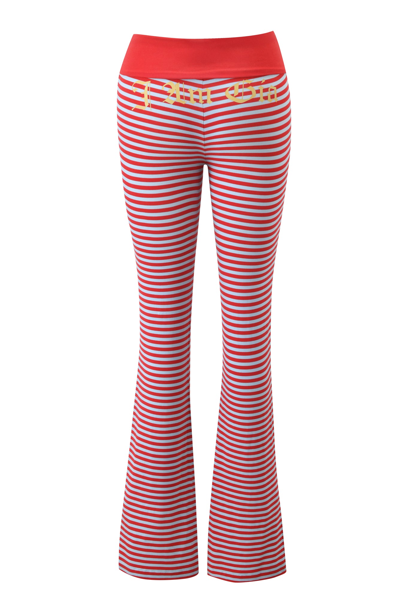 The I.AM.GIA BLARE FOLDOVER TRACKPANT in red and blue stripes features a thick red waistband with a decorative yellow belt. Made from buttery-soft viscose, these flared pants are shown on a white background.