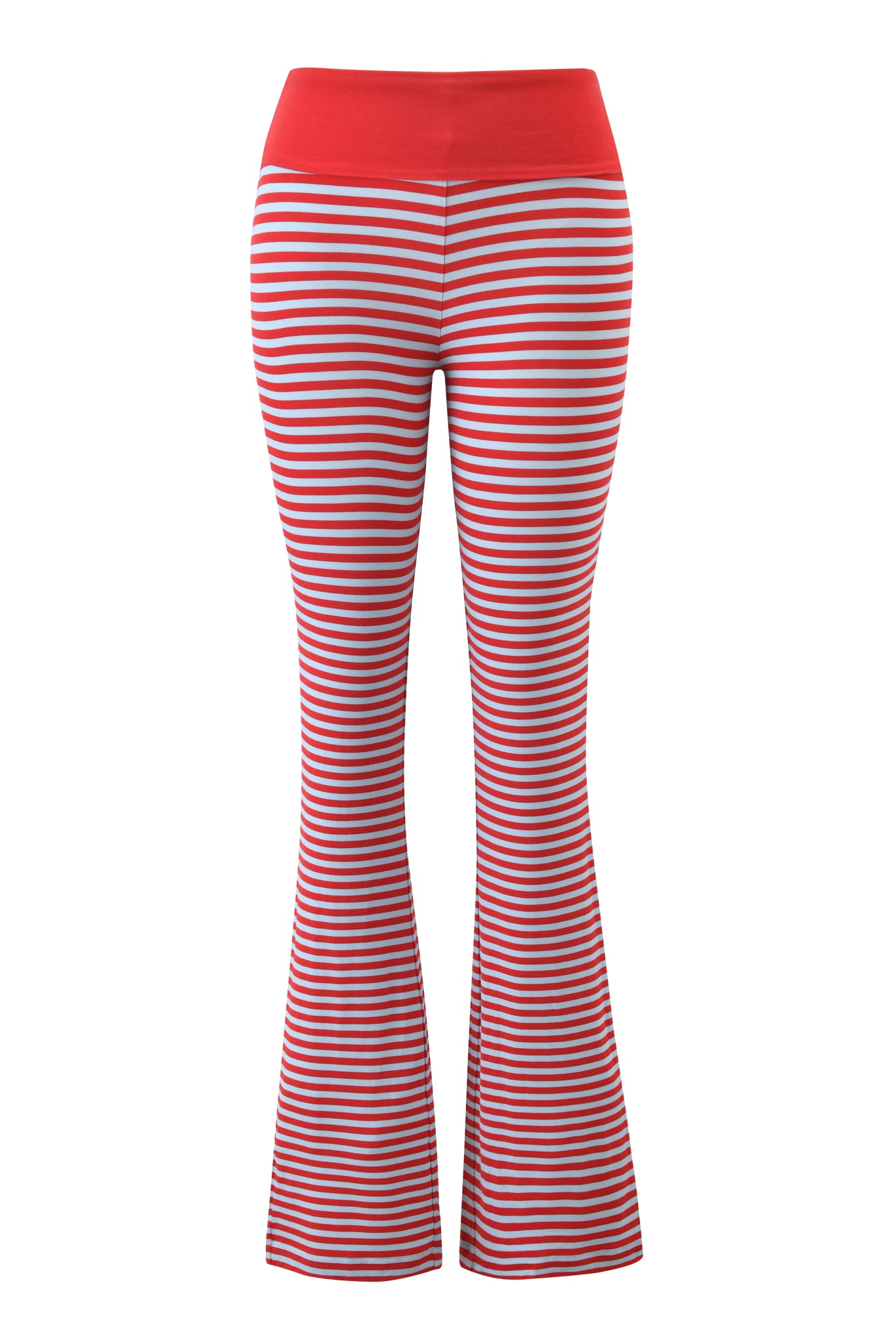 The BLARE FOLDOVER TRACKPANT by I.AM.GIA features flared legs and red and blue stripes throughout, crafted from soft viscose fabric in a high-waisted fit.