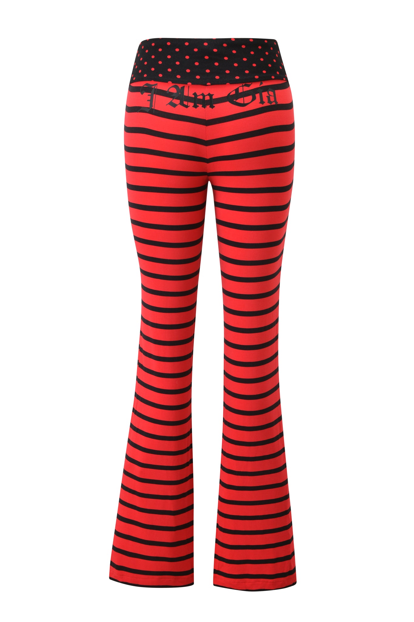 The BLARE FOLDOVER TRACKPANT by I.AM.GIA features red and black stripes, a foldover waistband, red polka dots, and bold black Gothic text on the front—capturing the brand’s edgy style.