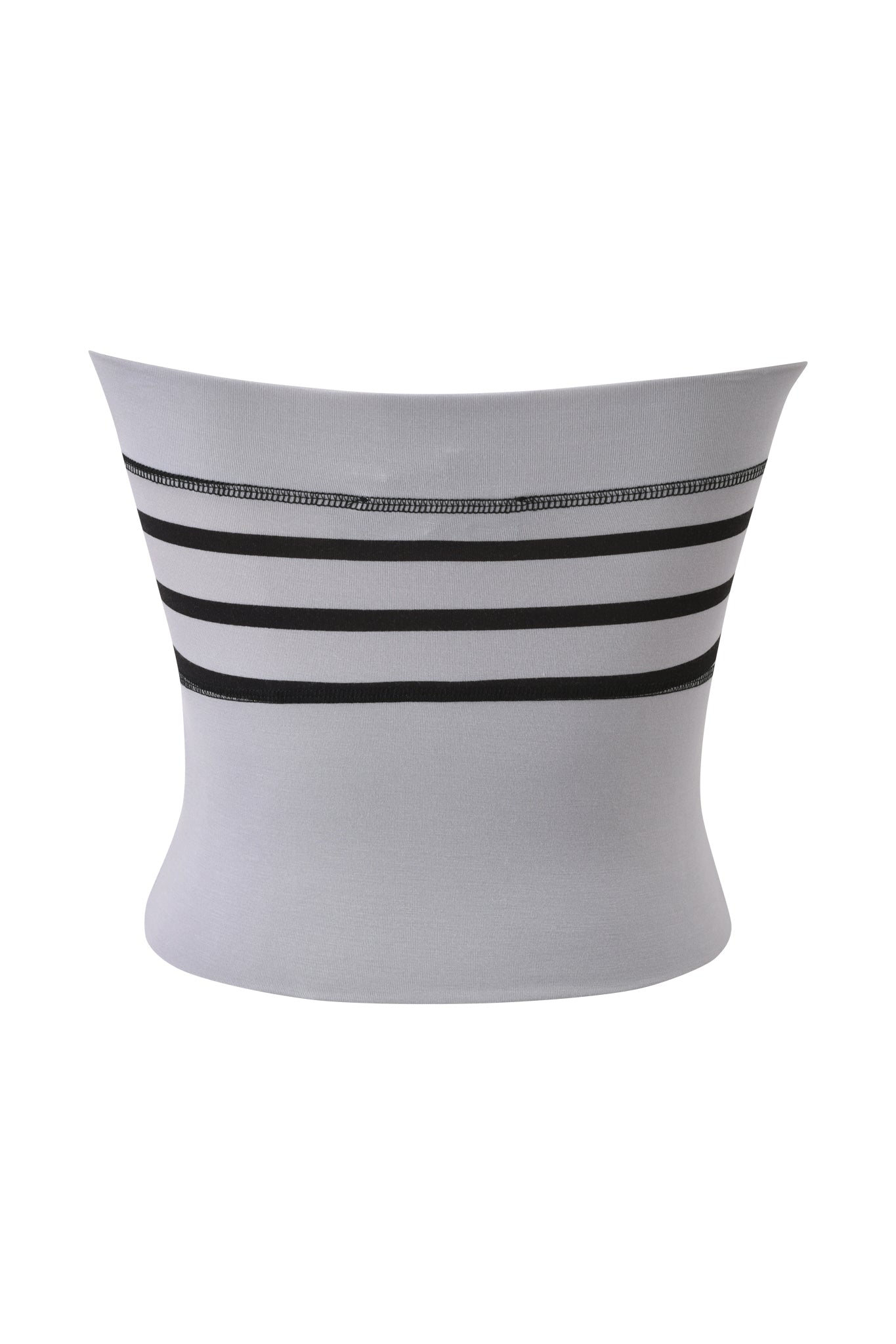 The I.AM.GIA BLARE ZIP BOOB TUBE in grey features four black horizontal stripes and is crafted from buttery-soft fabric, shown against a white background.