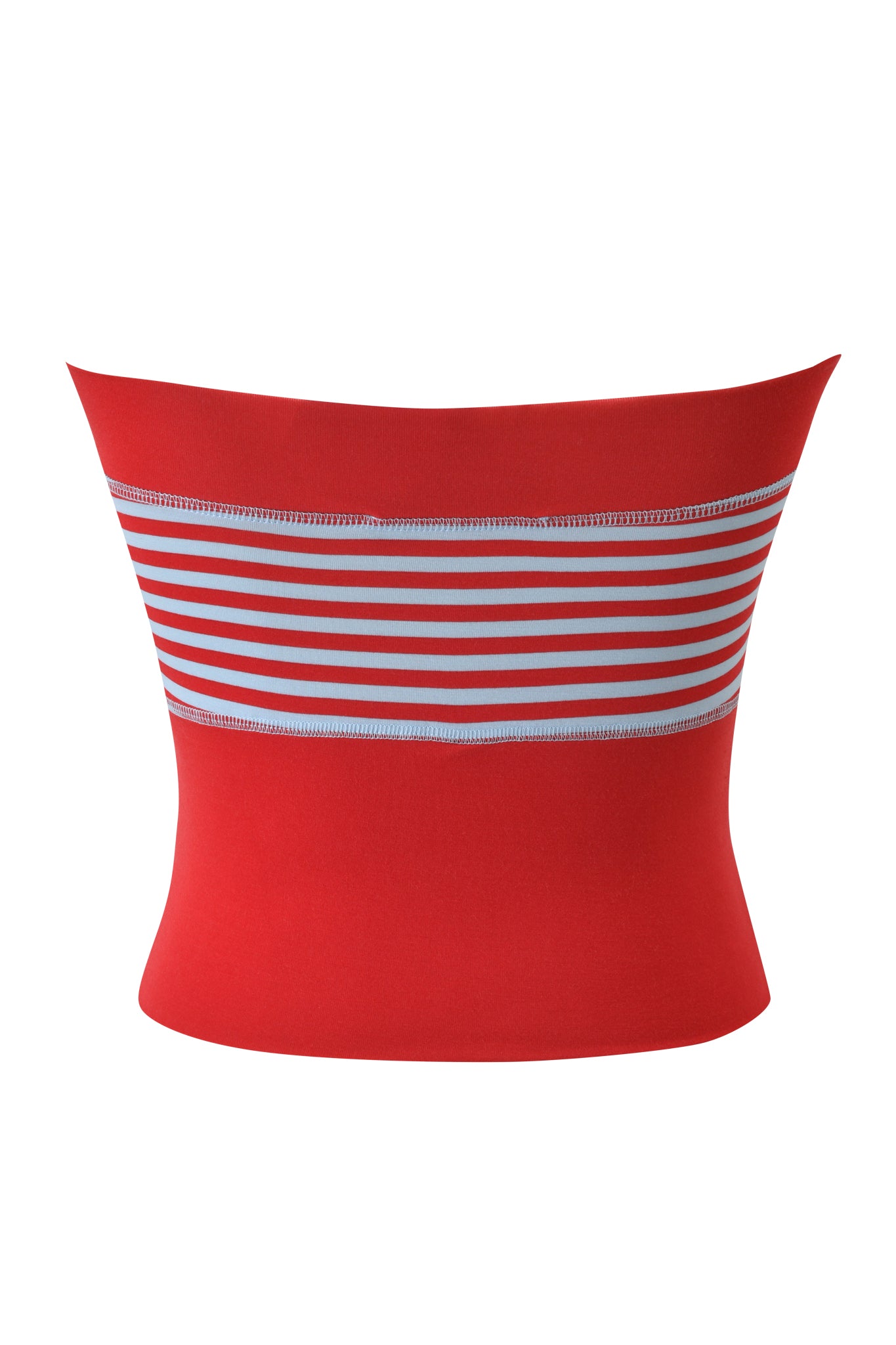The I.AM.GIA BLARE ZIP BOOB TUBE features bold red and blue stripes in a bodycon, strapless design, shown against a white background.