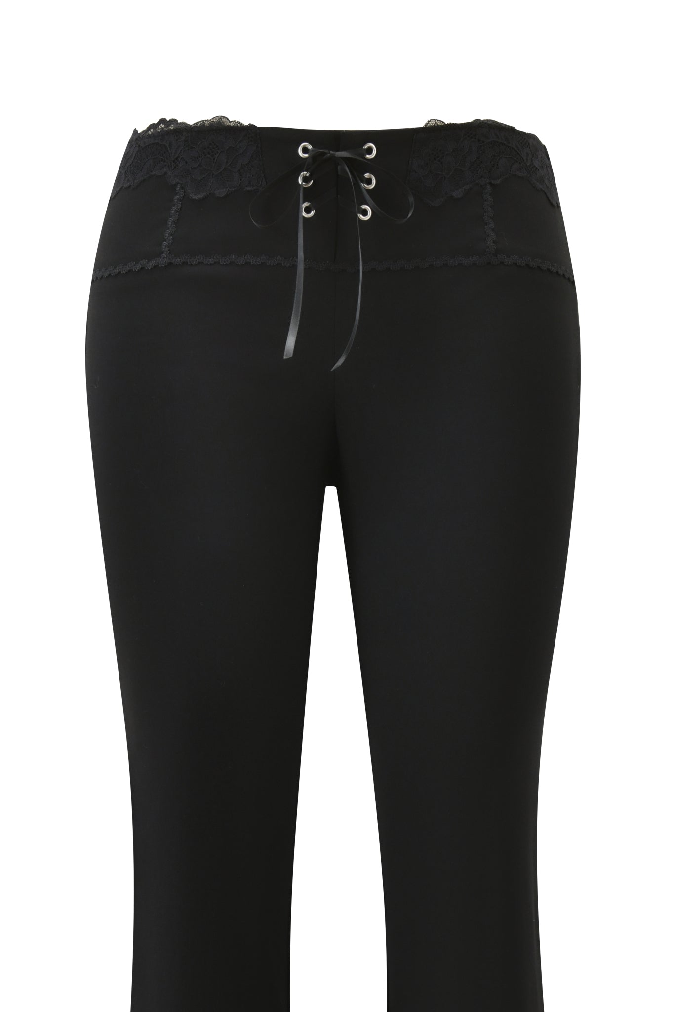 The I.AM.GIA SERAYA PANT in black features a lace waistband, ribbon lace-up front, and scalloped trim. These straight leg pants are shown on a white background with emphasis on the waist and upper section.