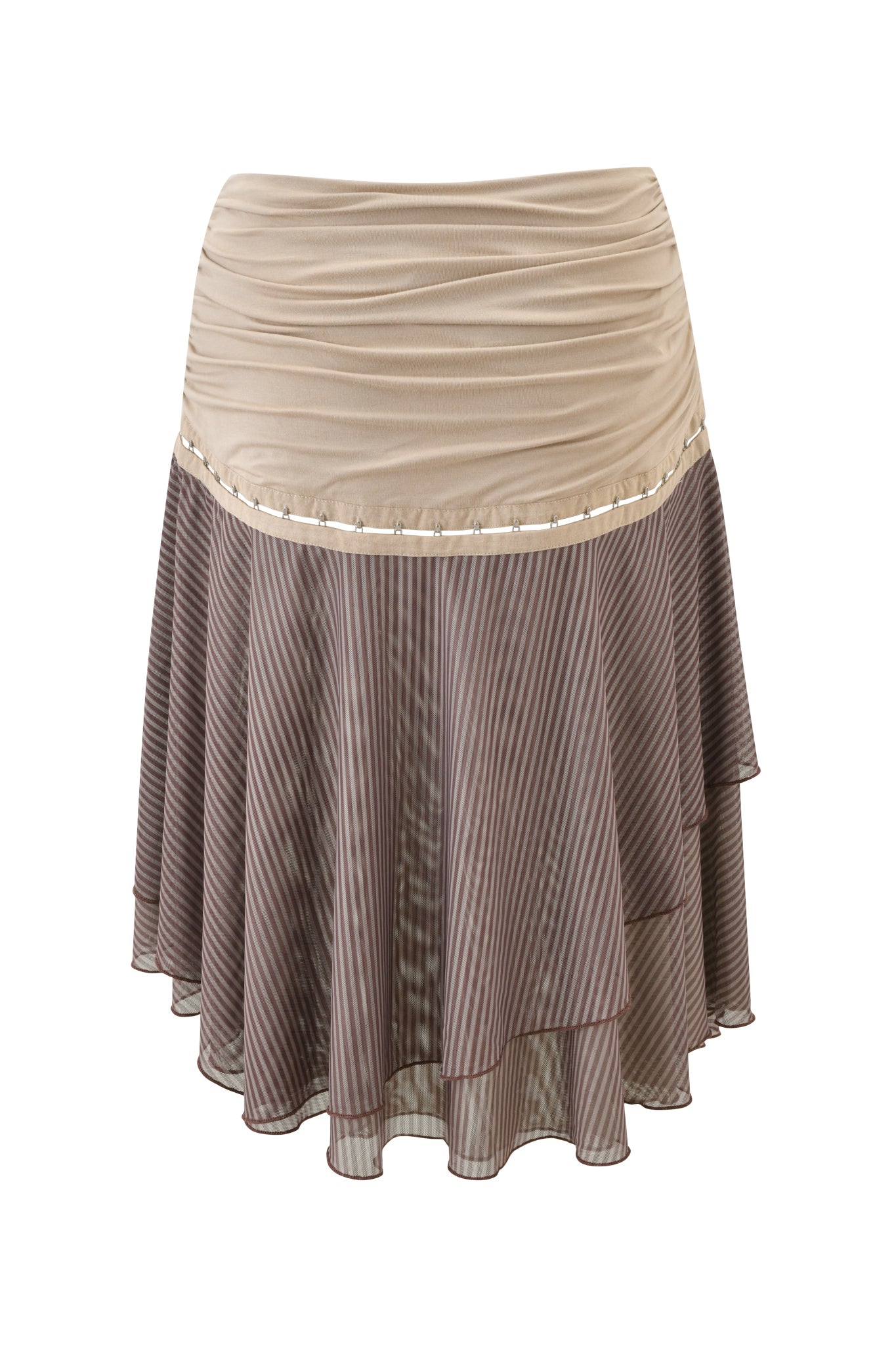 The SEPHI MIDI SKIRT - MUSHROOM STRIPE by I.AM.GIA features a flowy, asymmetrical layered design with a beige ruched waistband and brown-beige striped sheer fabric for elegant draping.