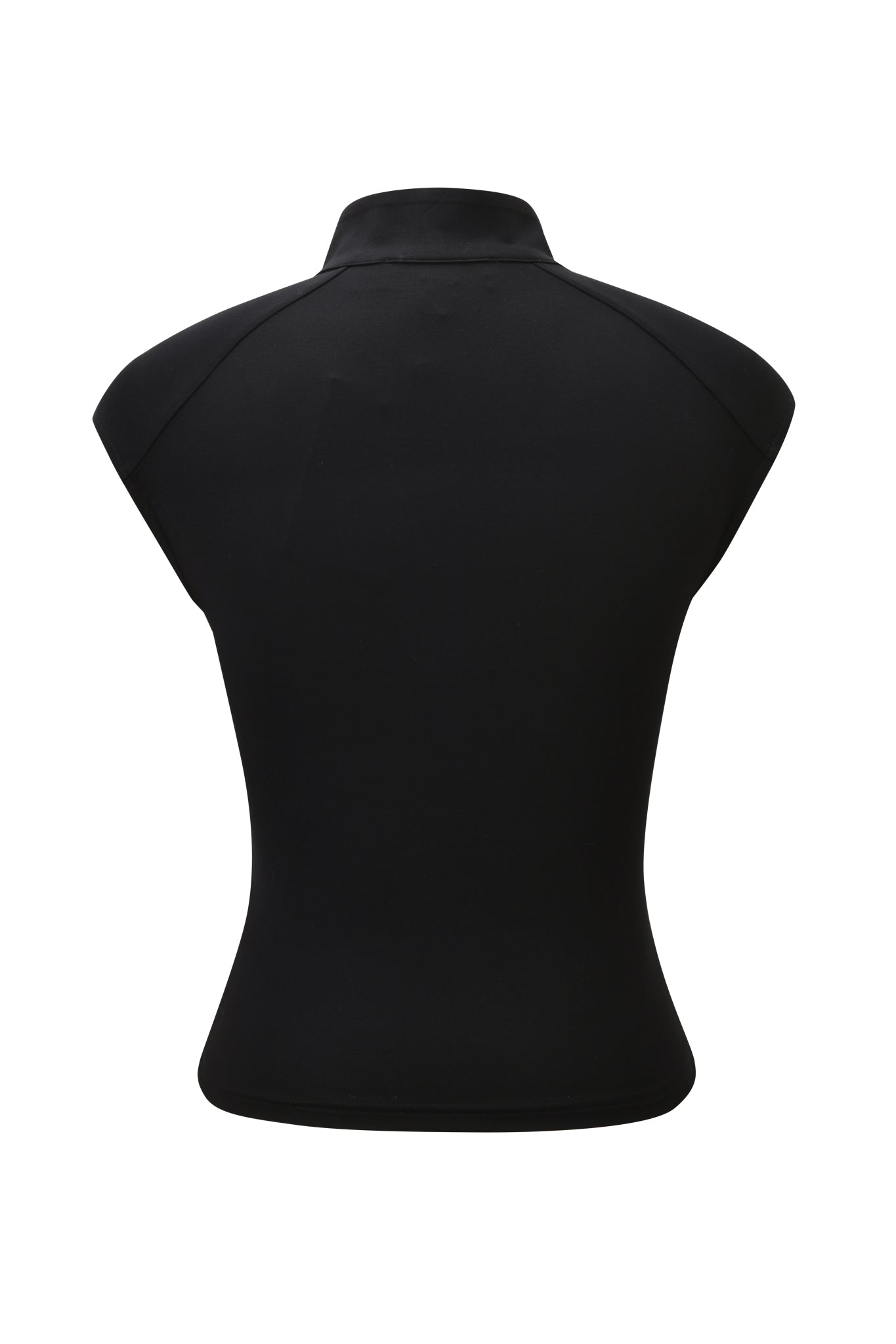 The GEORGIA TOP - BLACK by I.AM.GIA is a fitted, sleeveless black jersey knit top with a high collar, shown from the back against a plain white background.