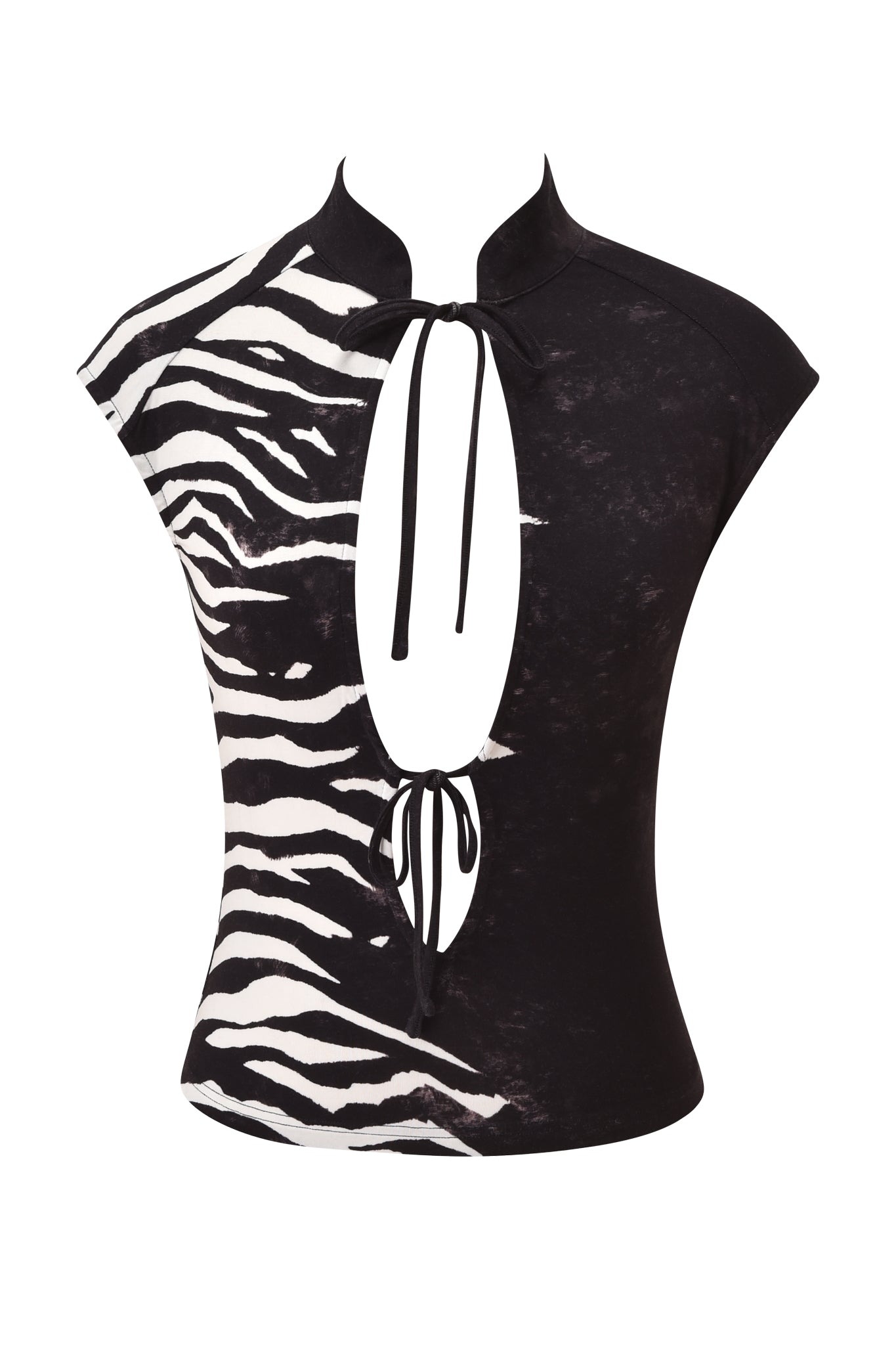 Make a statement in the I.AM.GIA GEORGIA TOP - BLACK WILD SIDE, showcasing a bold zebra print with cap sleeves, a high collar, and two front keyhole cutouts tied with string at the chest and waist. The top is photographed against a plain white background.