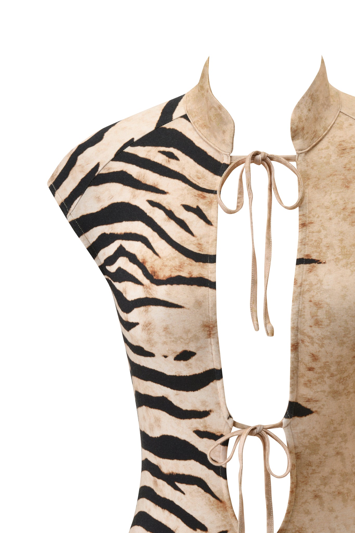Close-up of the I.AM.GIA GEORGIA TOP - WILD SIDE featuring a beige and black tiger stripe print, high collar, deep front cut-out, and two tie closures at the chest and waist.