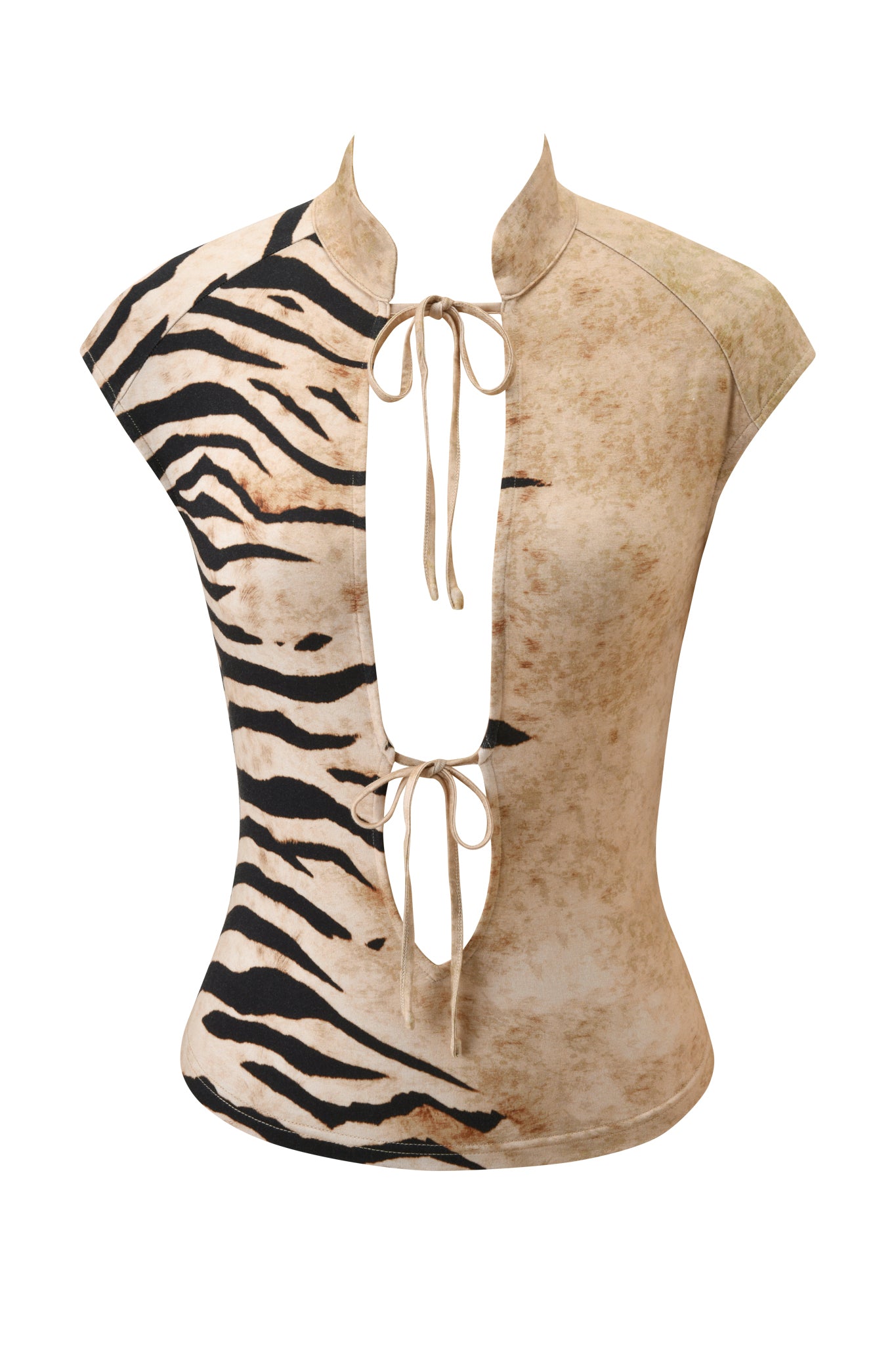The GEORGIA TOP - WILD SIDE by I.AM.GIA is a sleeveless, bodycon tiger print top in beige and black, featuring two front ties, a deep V cut, and a mandarin neckline for an edgy look.