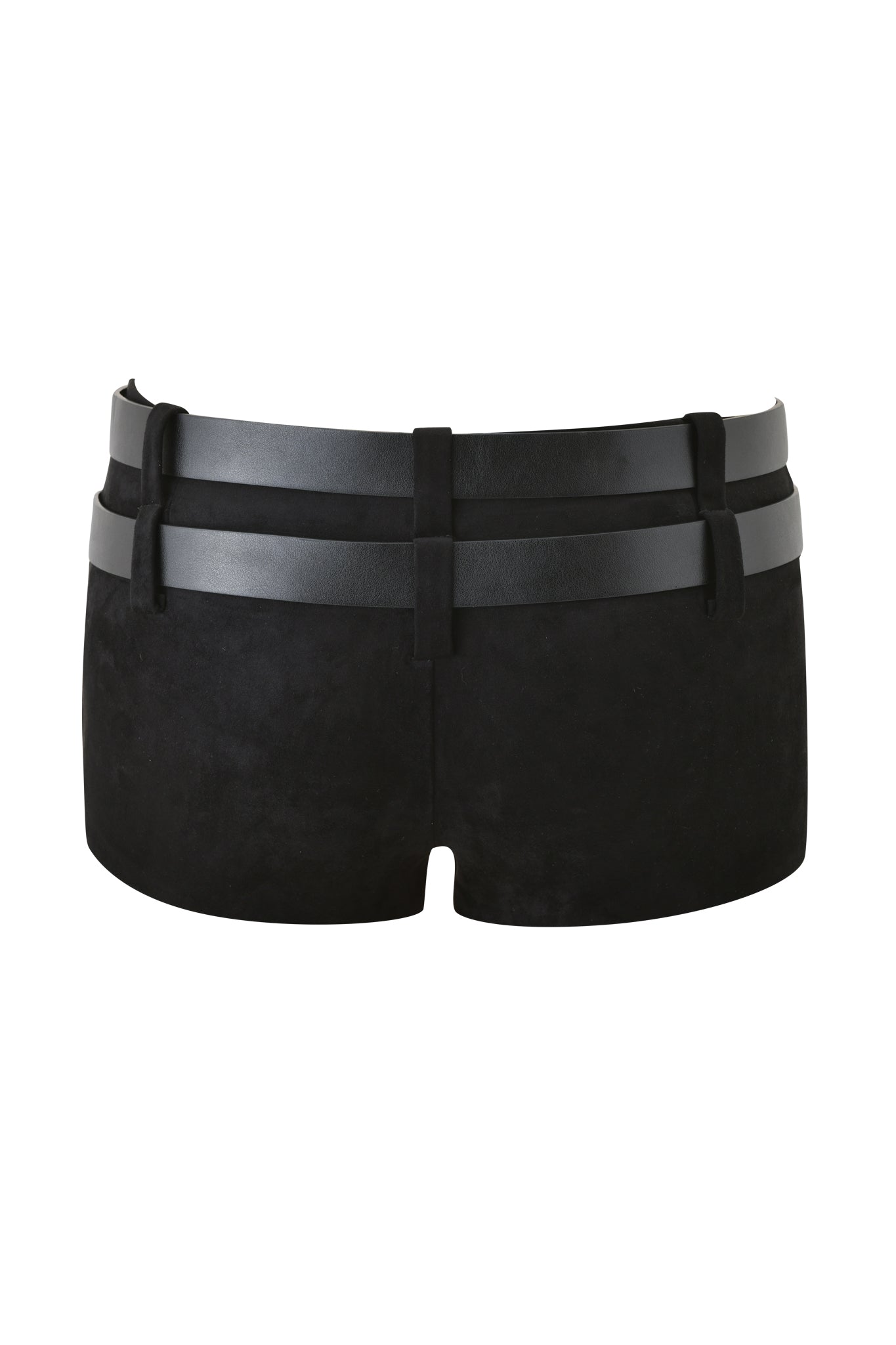 The GEORGIA BELTED SHORT - BLACK by I.AM.GIA features black faux suede, a high waist, two wide vegan leather belts with belt loops, and is shown from the back against a white background.