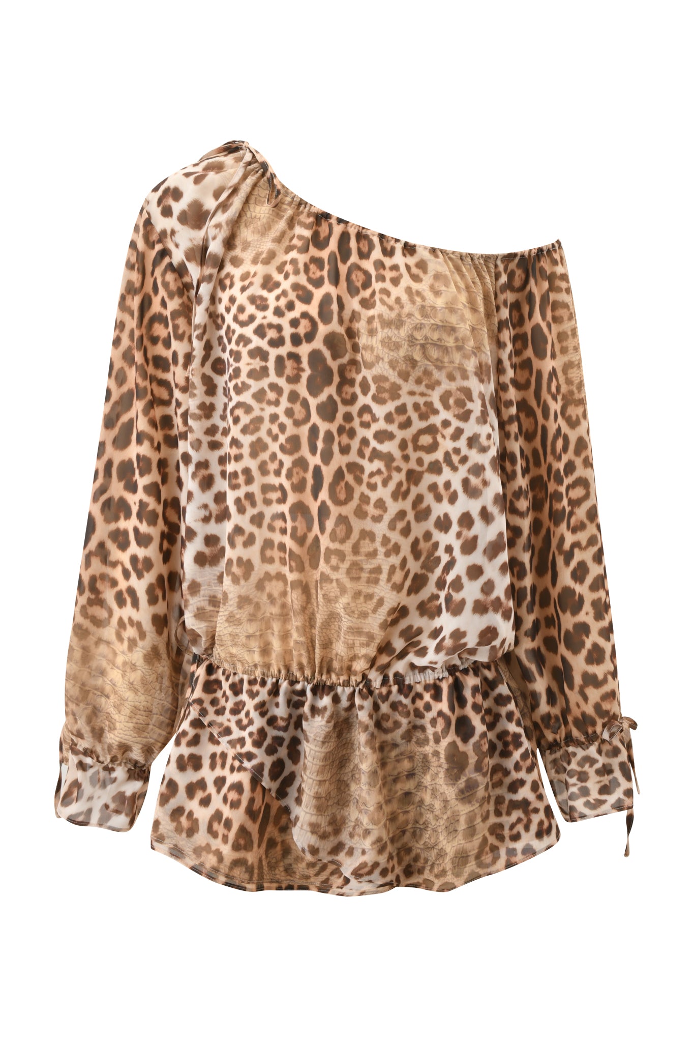 The LUISA MINI DRESS - CROCODILE TEARS by I.AM.GIA is a long-sleeve, off-shoulder mini dress featuring a brown and tan leopard print and a ruffled hem, shown on a white background.