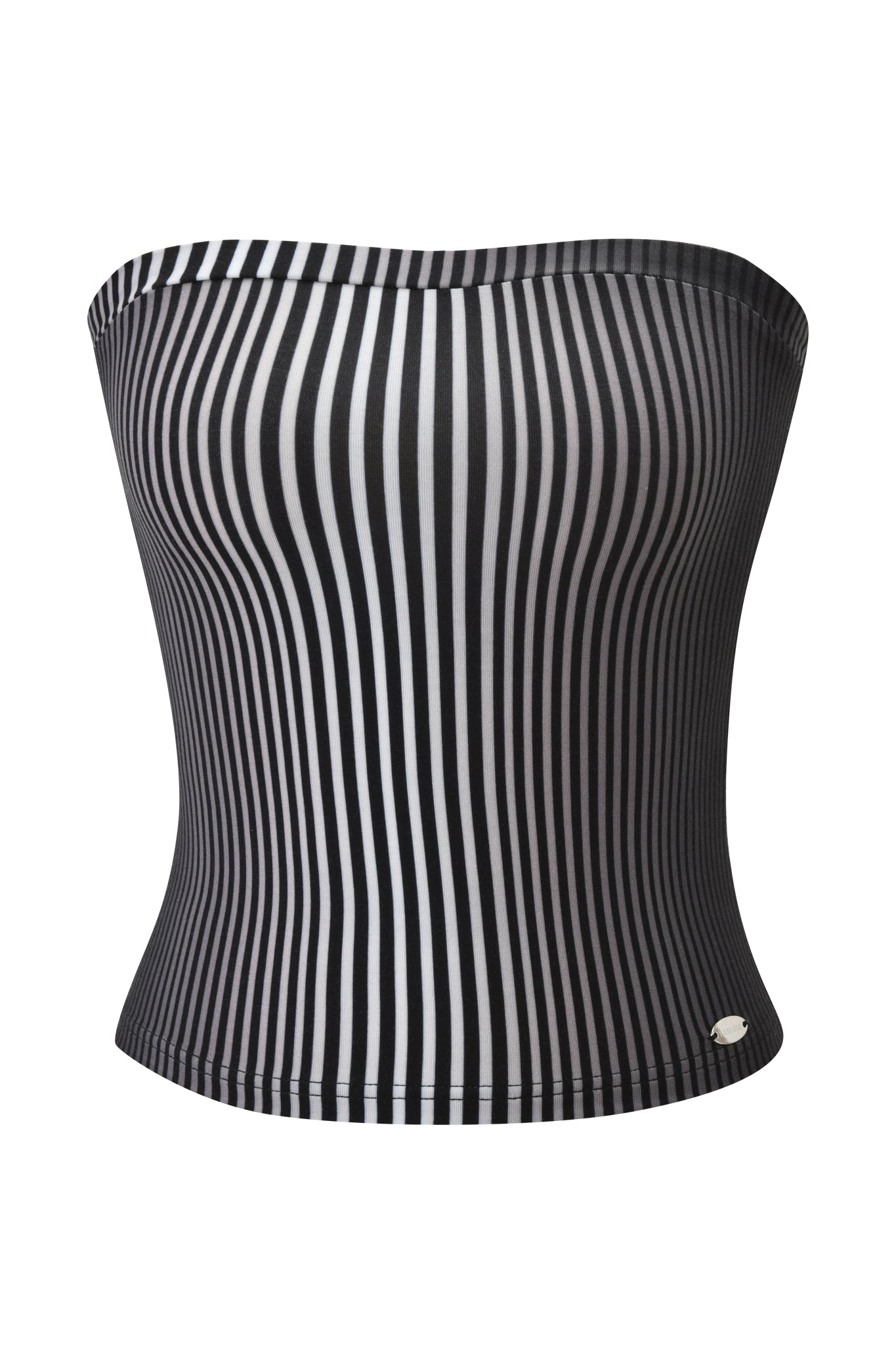 The I.AM.GIA TRINITY BOOB TUBE - STRIPE is a strapless, form-fitting top featuring vertical black and white stripes and a small metallic logo near the bottom hem.