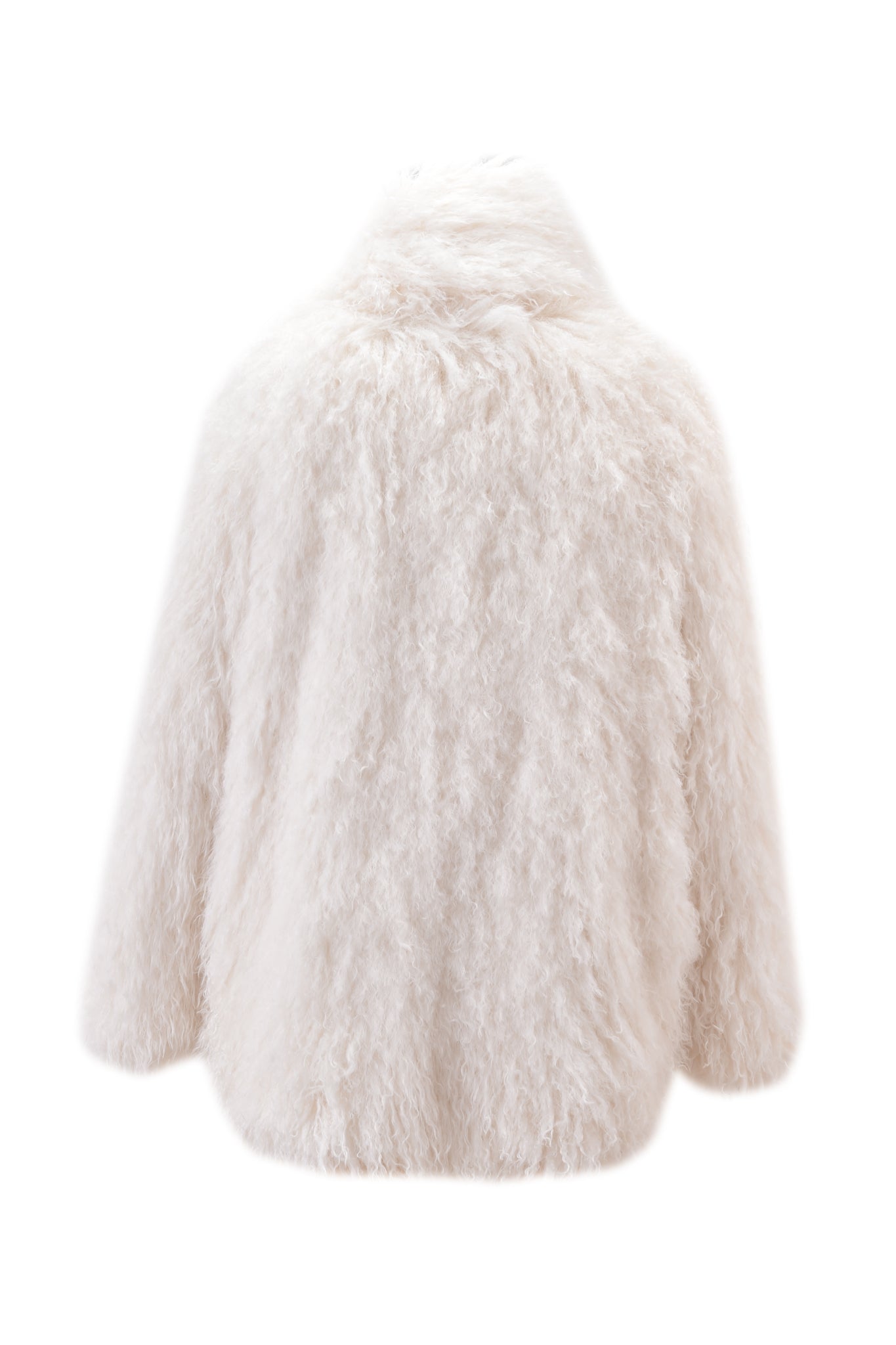 Back view of the I.AM.GIA DOVE SCARF FUR COAT in cream, an oversized hip-length faux fur design with a high collar and relaxed fit, shown on a plain white background.