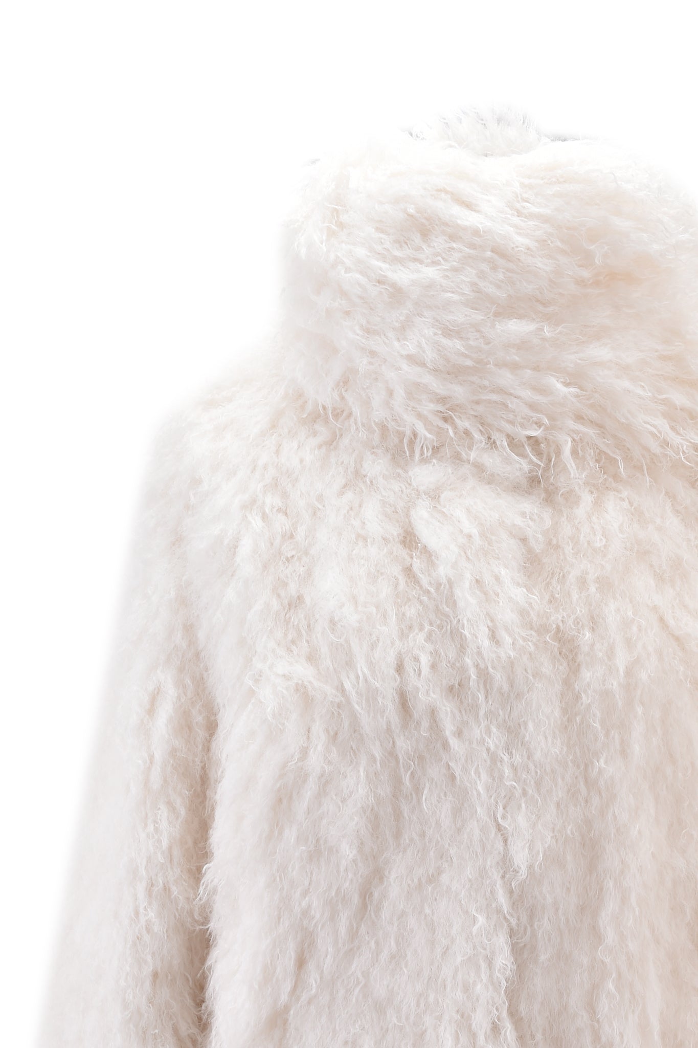 A close-up of the I.AM.GIA DOVE SCARF FUR COAT in cream, an oversized, hip-length faux fur coat with a high collar and soft, curly shaggy texture, shown against a plain white background.