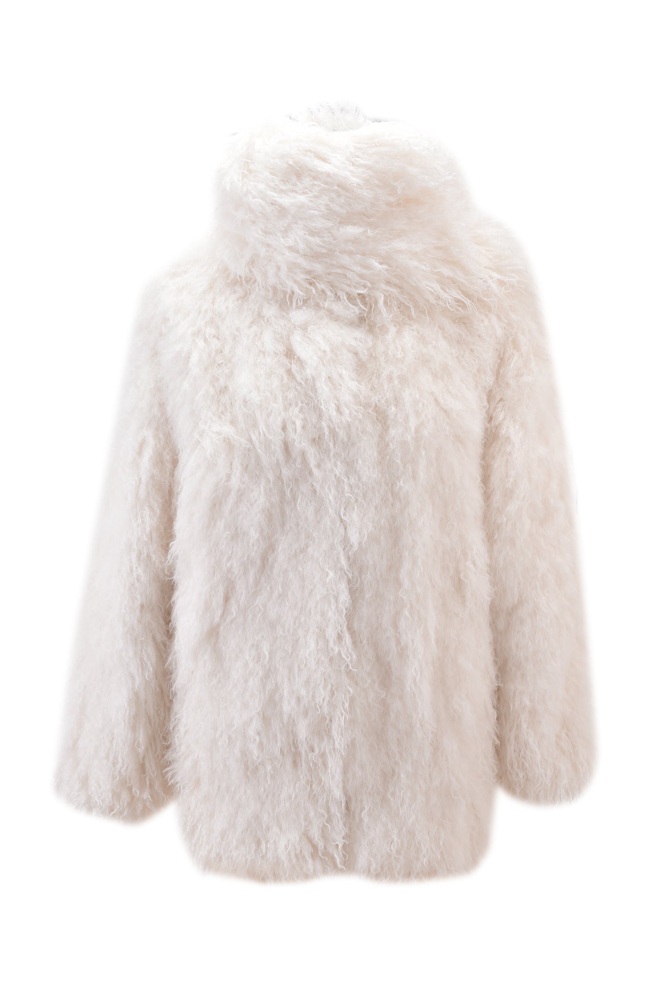 The I.AM.GIA DOVE SCARF FUR COAT in cream features plush faux fur, long sleeves, and a wide high collar, showcased against a plain white background.