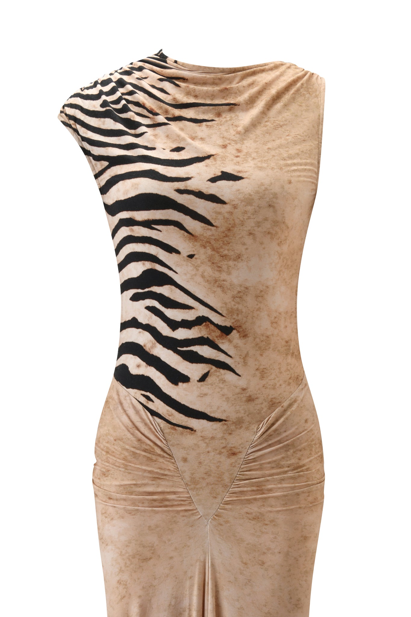 The I.AM.GIA ELIANA MAXI DRESS - WILD SIDE is a spice-toned, sleeveless bamboo viscose maxi with an asymmetric neckline, black and white animal print on one shoulder, and gathered fabric at the waist, displayed on a plain background.