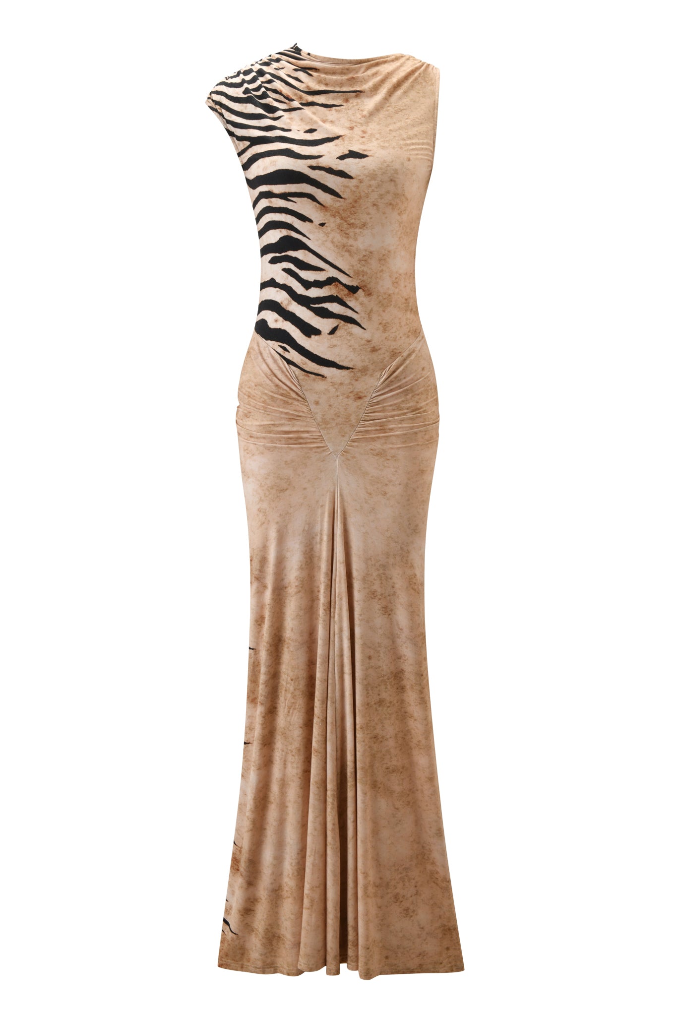 The ELIANA MAXI DRESS - WILD SIDE by I.AM.GIA is a sleeveless, floor-length beige dress with a fitted silhouette, featuring an asymmetrical zebra print on one shoulder and gathered detailing at the hip.