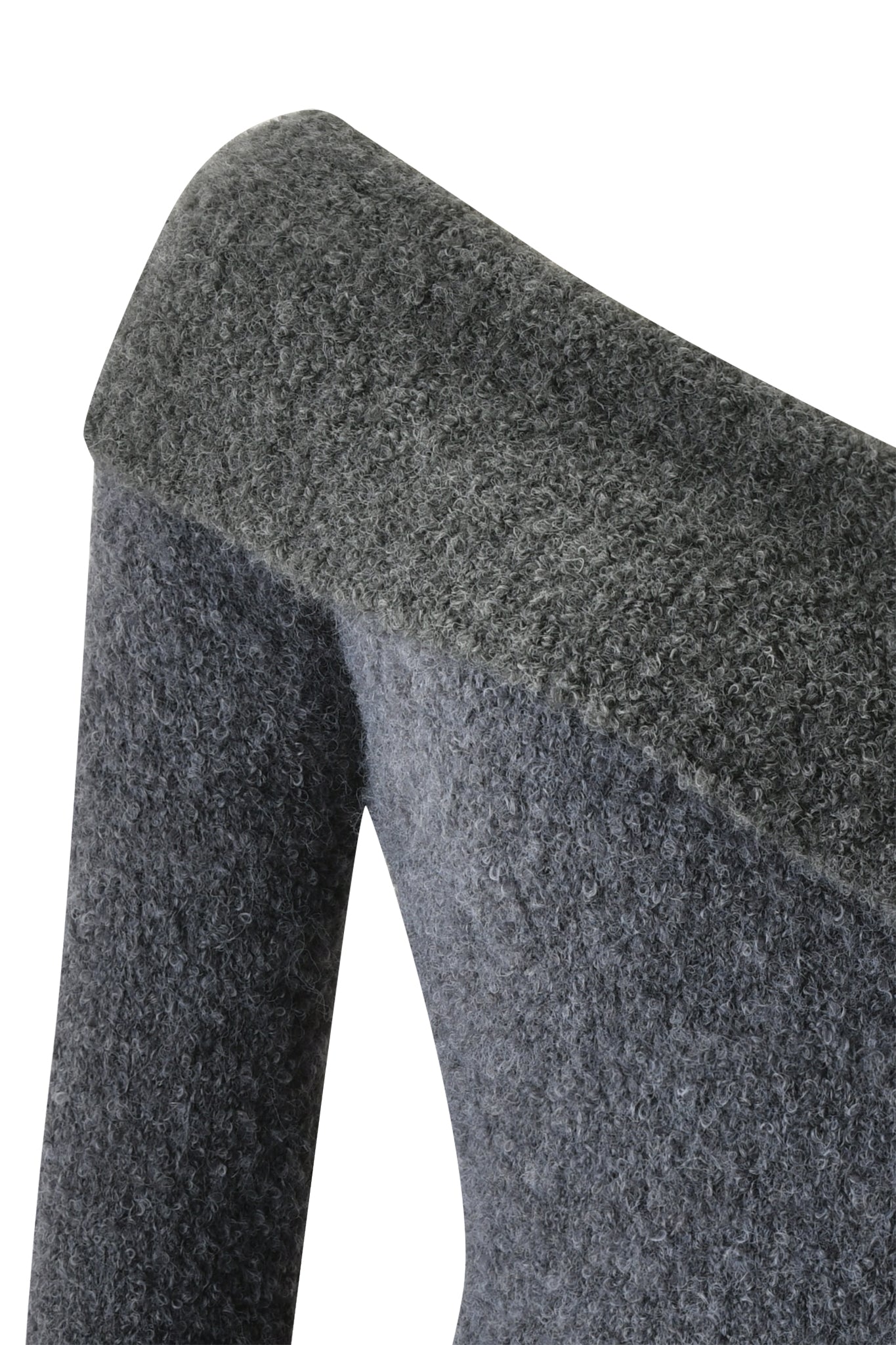 Close-up of the ARLEN KNIT TOP - STEEL by I.AM.GIA, highlighting the textured knit fabrication at the back and arm, where both details meet—emphasizing contemporary design influences.