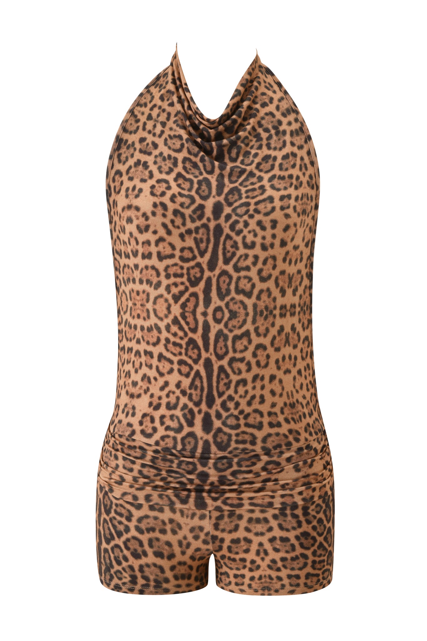 The KAIRA PLAYSUIT - PANTHERA by I.AM.GIA is a sleeveless, halter neck playsuit with a draped neckline, featuring a brown and black Panthera print, fitted waist, and micro mini shorts.