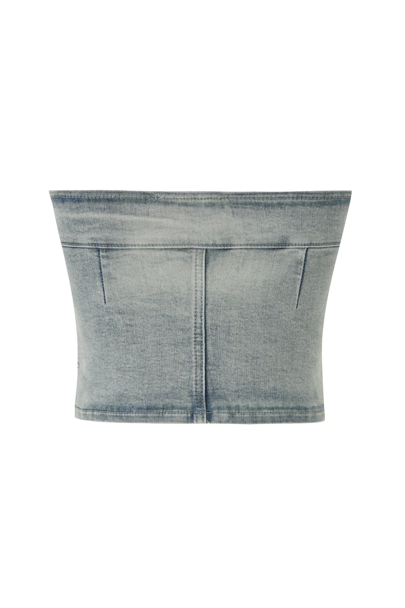 The JENN DENIM BOOB TUBE by I.AM.GIA is a light blue stretch denim top featuring visible seams and two front cut-out details, shown against a white background.