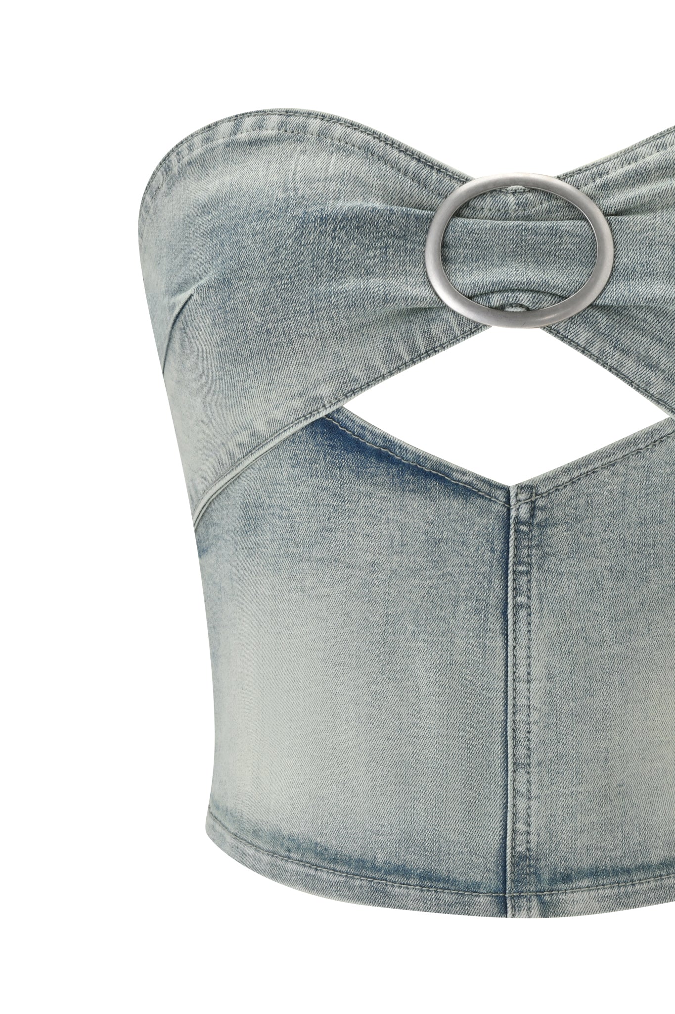 The I.AM.GIA JENN DENIM BOOB TUBE - BLUE features light-wash stretch denim, a sweetheart neckline with central silver ring and cut-out, visible stitching, and a faded, vintage-inspired look for added comfort.